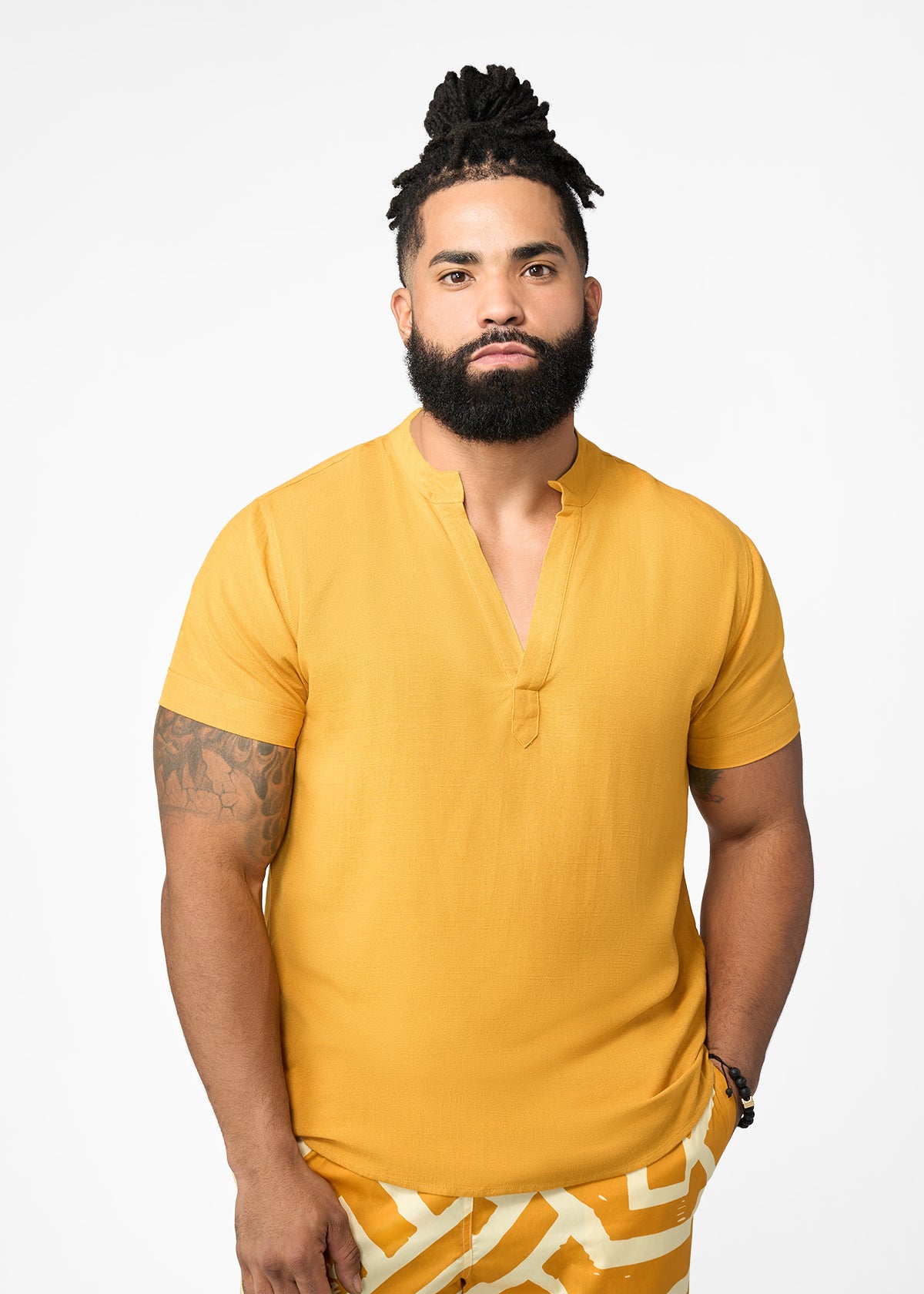 Refiloe Men's African Linen Blend Tunic (Gold) - D'IYANU