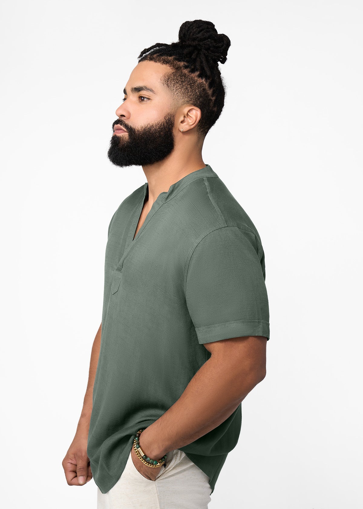 Refiloe Men's African Linen Blend Tunic (Olive) - D'IYANU