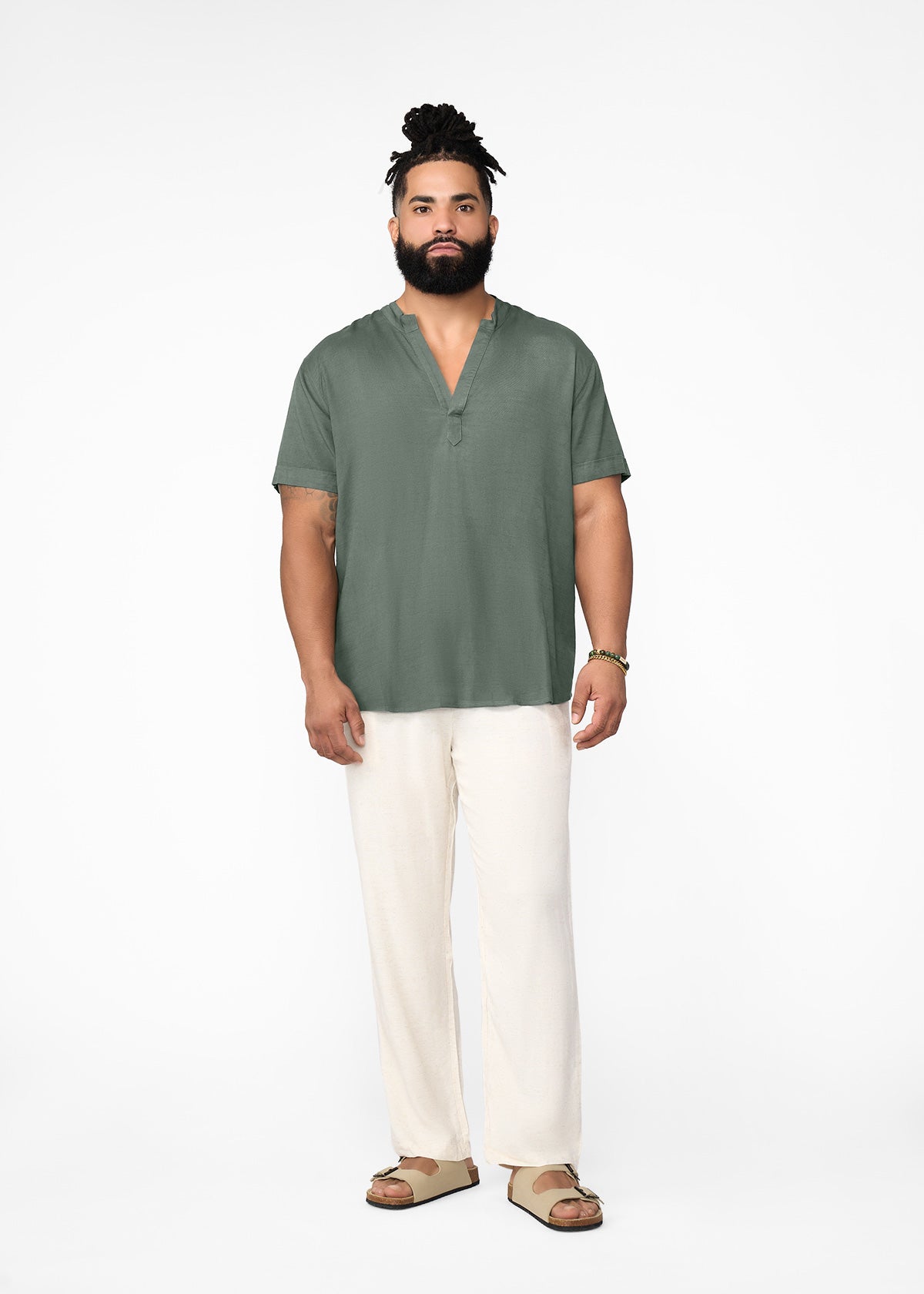 Refiloe Men's African Linen Blend Tunic (Olive) - D'IYANU