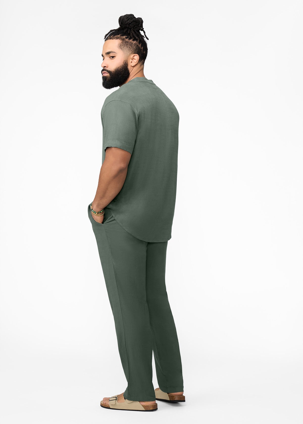 Refiloe Men's African Linen Blend Tunic (Olive) - D'IYANU