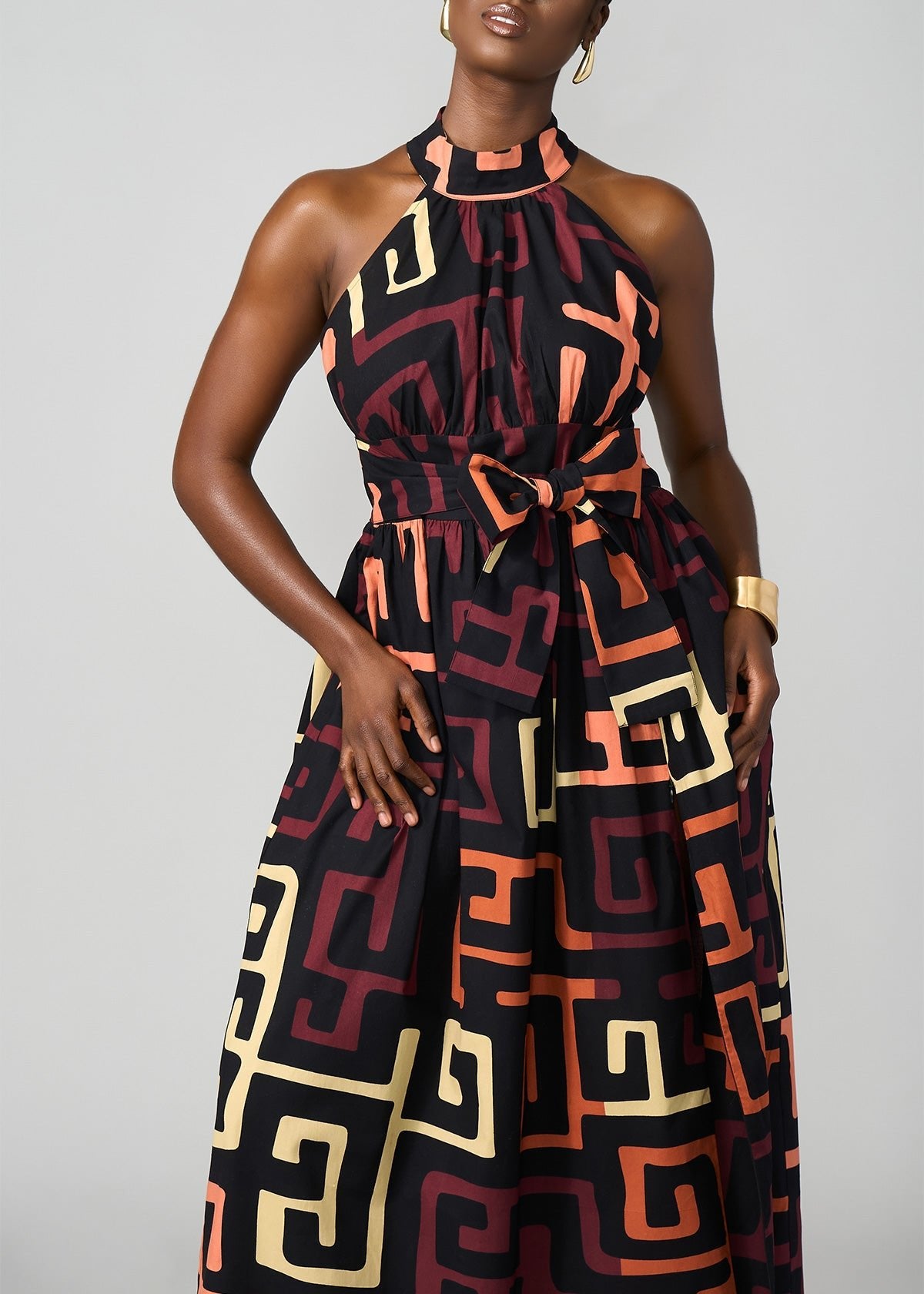 Ronke Women's African Print Maxi Dress (Neutral Kuba Geometric) - D'IYANU
