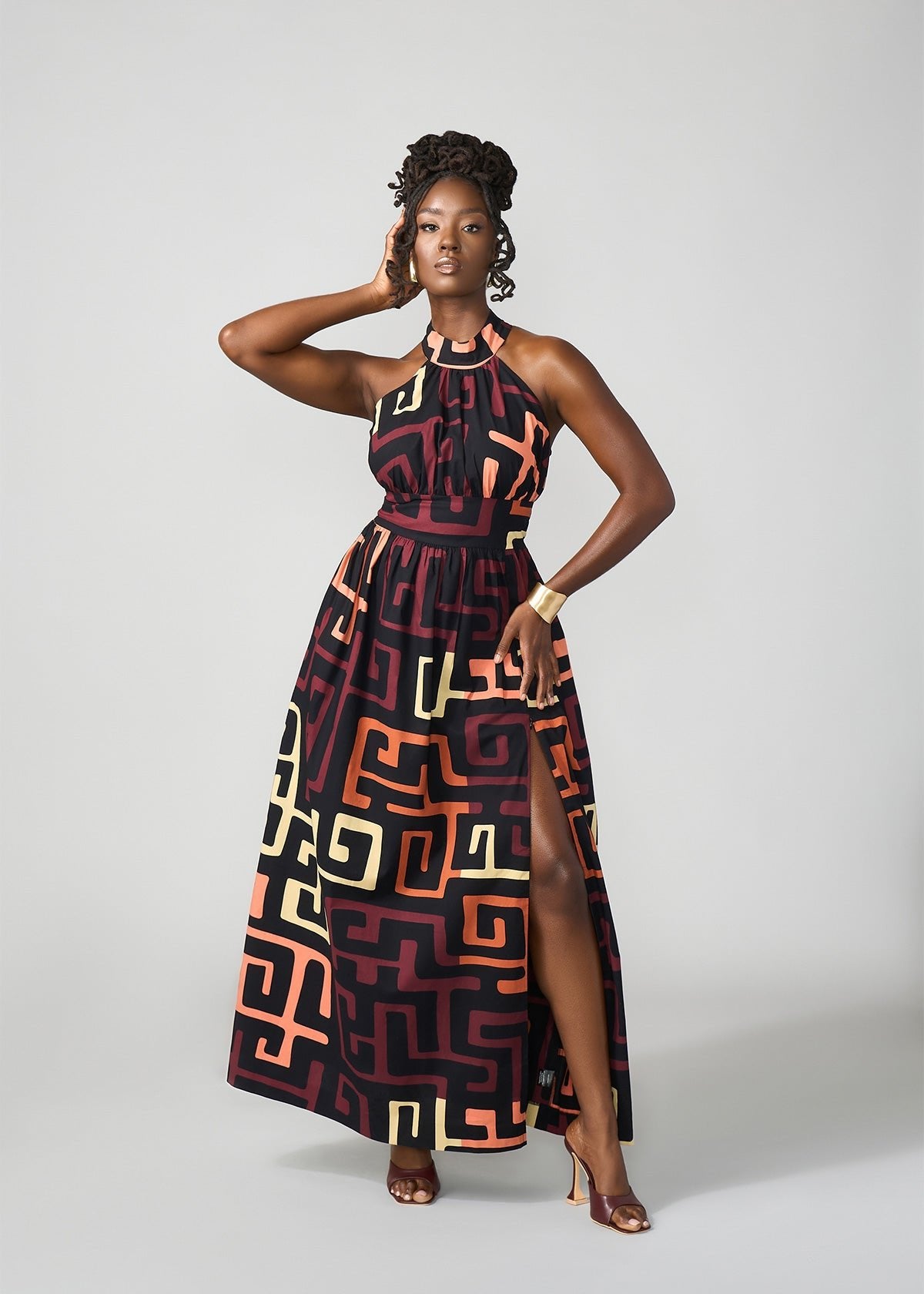 Ronke Women's African Print Maxi Dress (Neutral Kuba Geometric) - D'IYANU