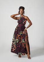 Ronke Women's African Print Maxi Dress (Neutral Kuba Geometric) - D'IYANU