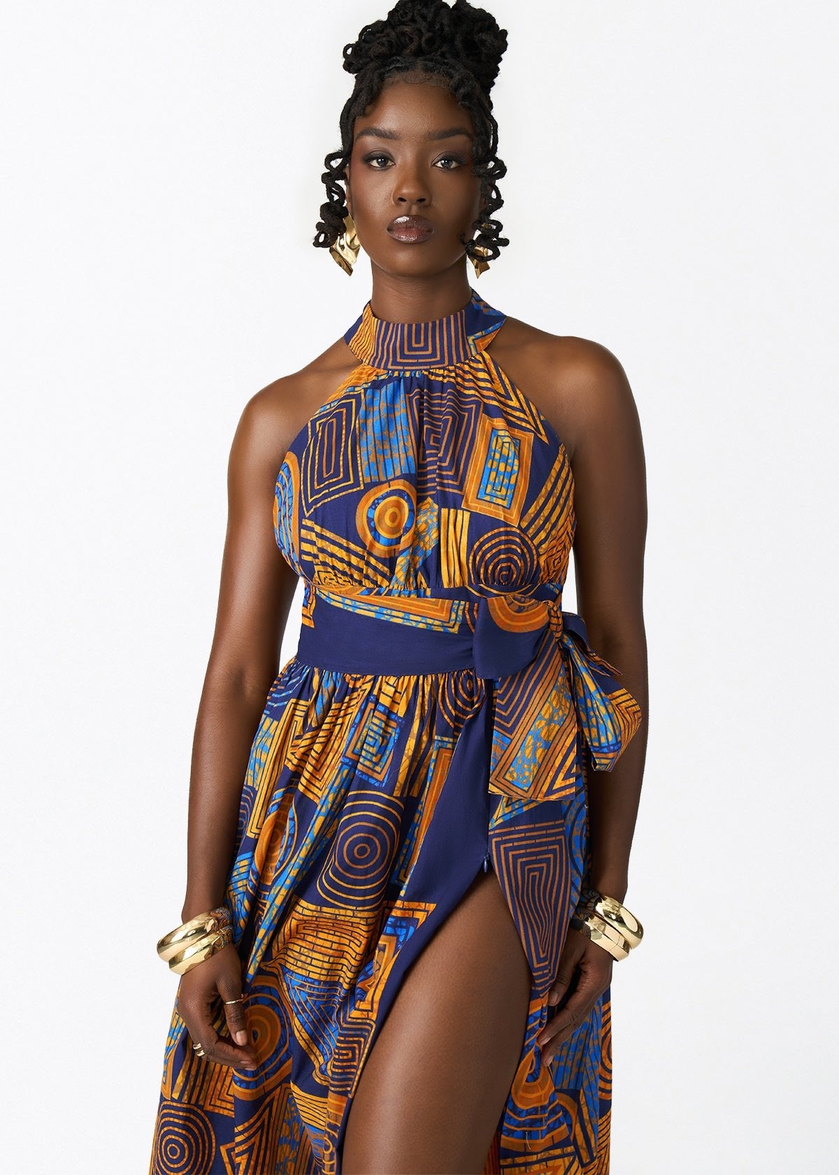 Ronke Women's African Print Maxi Dress (Royal Blue Geometric) - D'IYANU