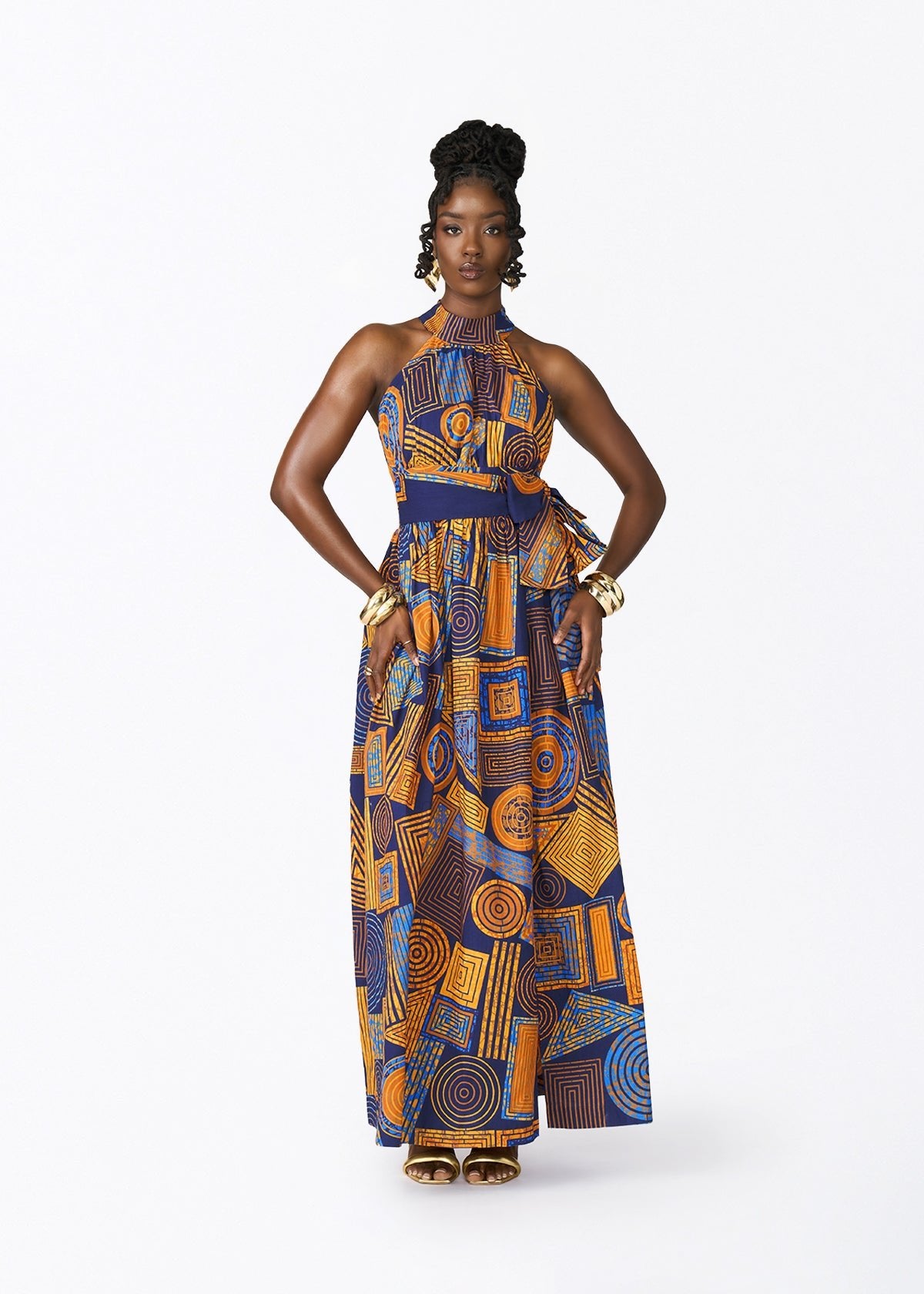 Ronke Women's African Print Maxi Dress (Royal Blue Geometric) - D'IYANU