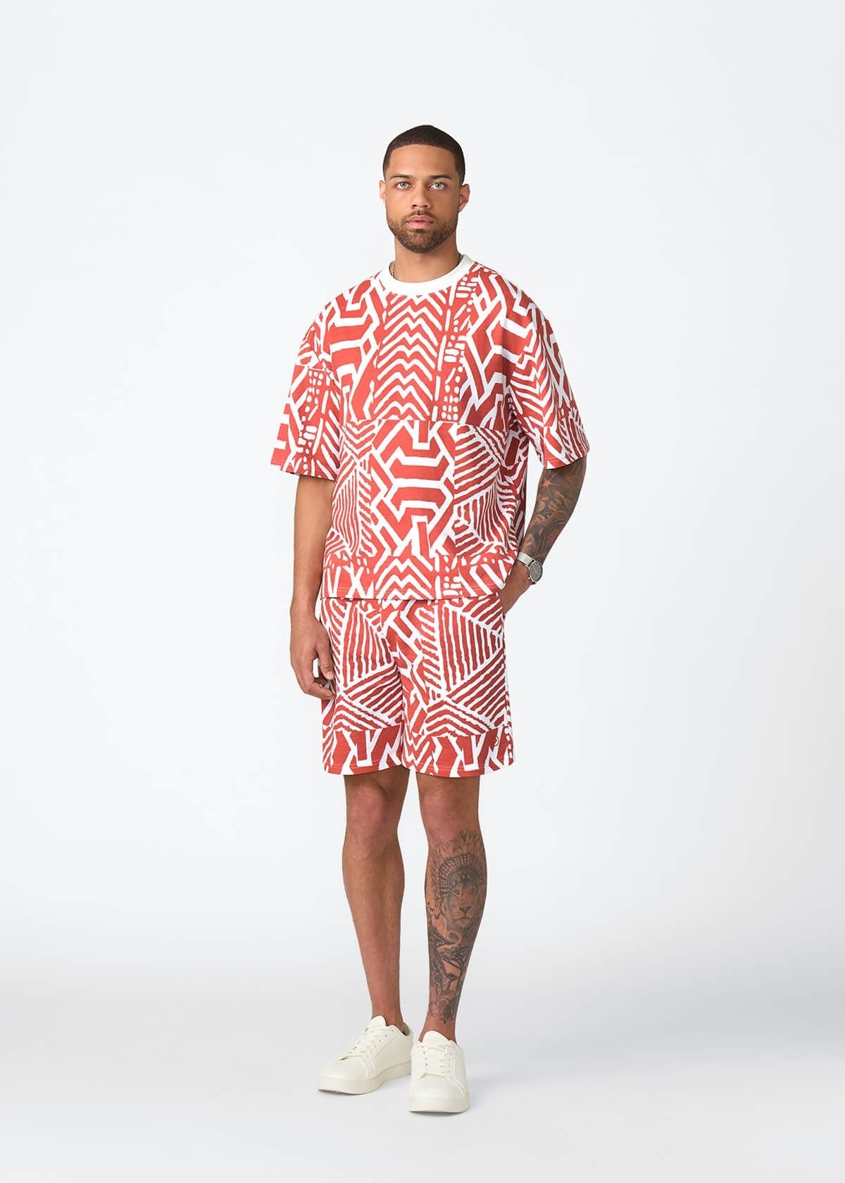 Alem Men's French Terry Drawstring Shorts (Brick Multipattern) - D'IYANU