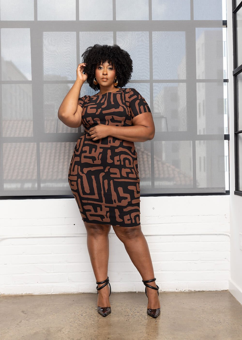 Sabella Women's African Print Stretch Dress (Espresso Geometric) - D'IYANU