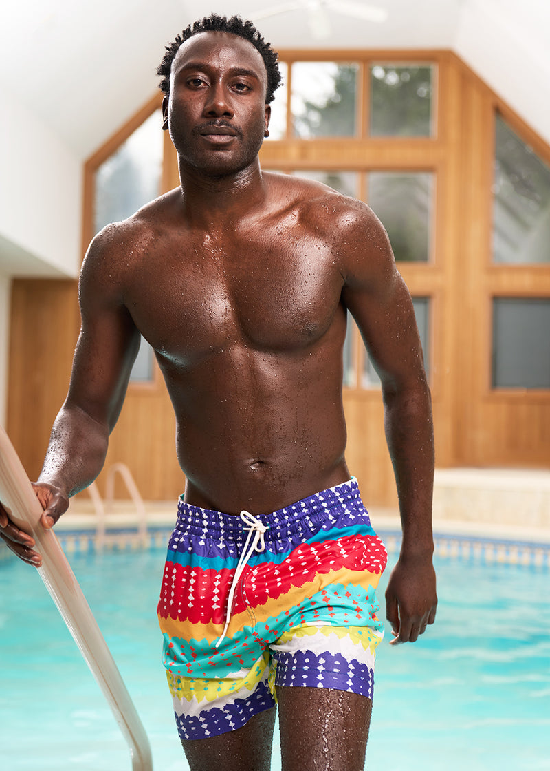 Safari Men's African Print Swim Trunks (Rainbow Punch Adire)