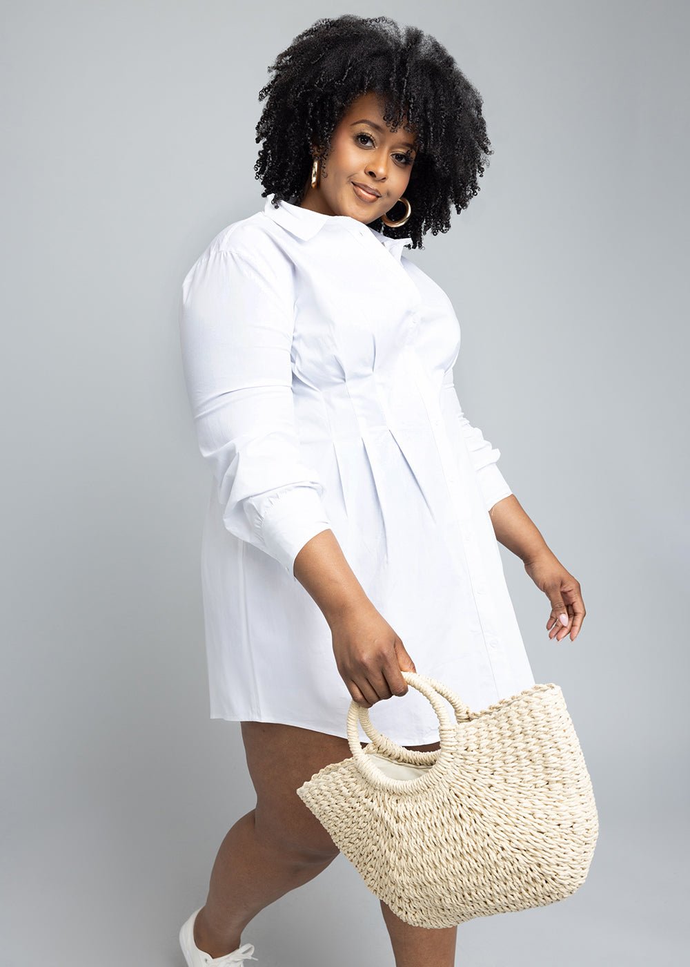 Safi Women's Button-Up Shirt Dress (White) - D'IYANU