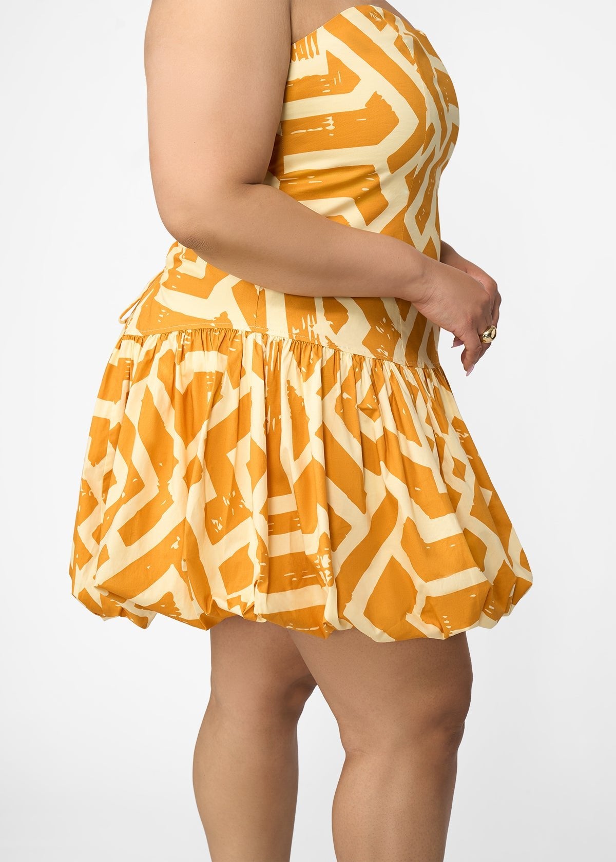 Sani Women's African Print Bubble Hem Mini Dress (Gold Cream Tribal) - D'IYANU