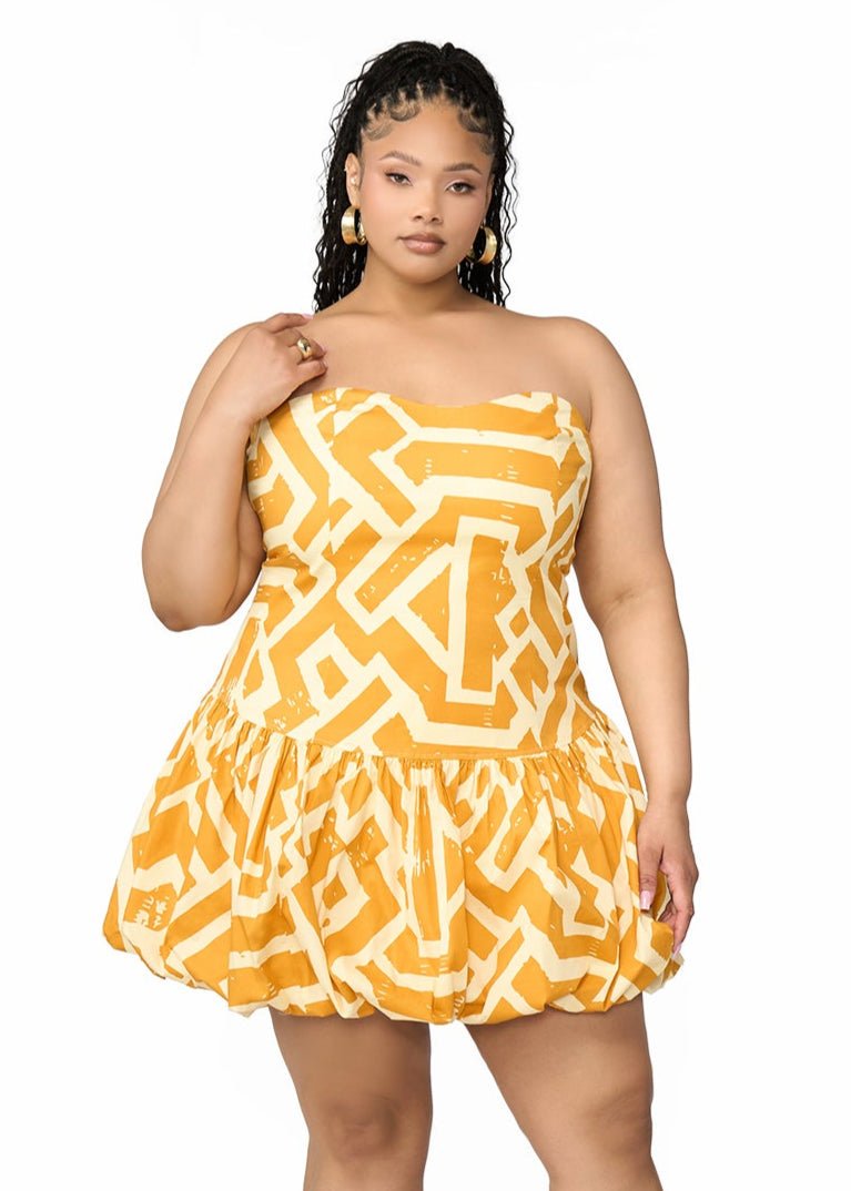 Sani Women's African Print Bubble Hem Mini Dress (Gold Cream Tribal) - D'IYANU