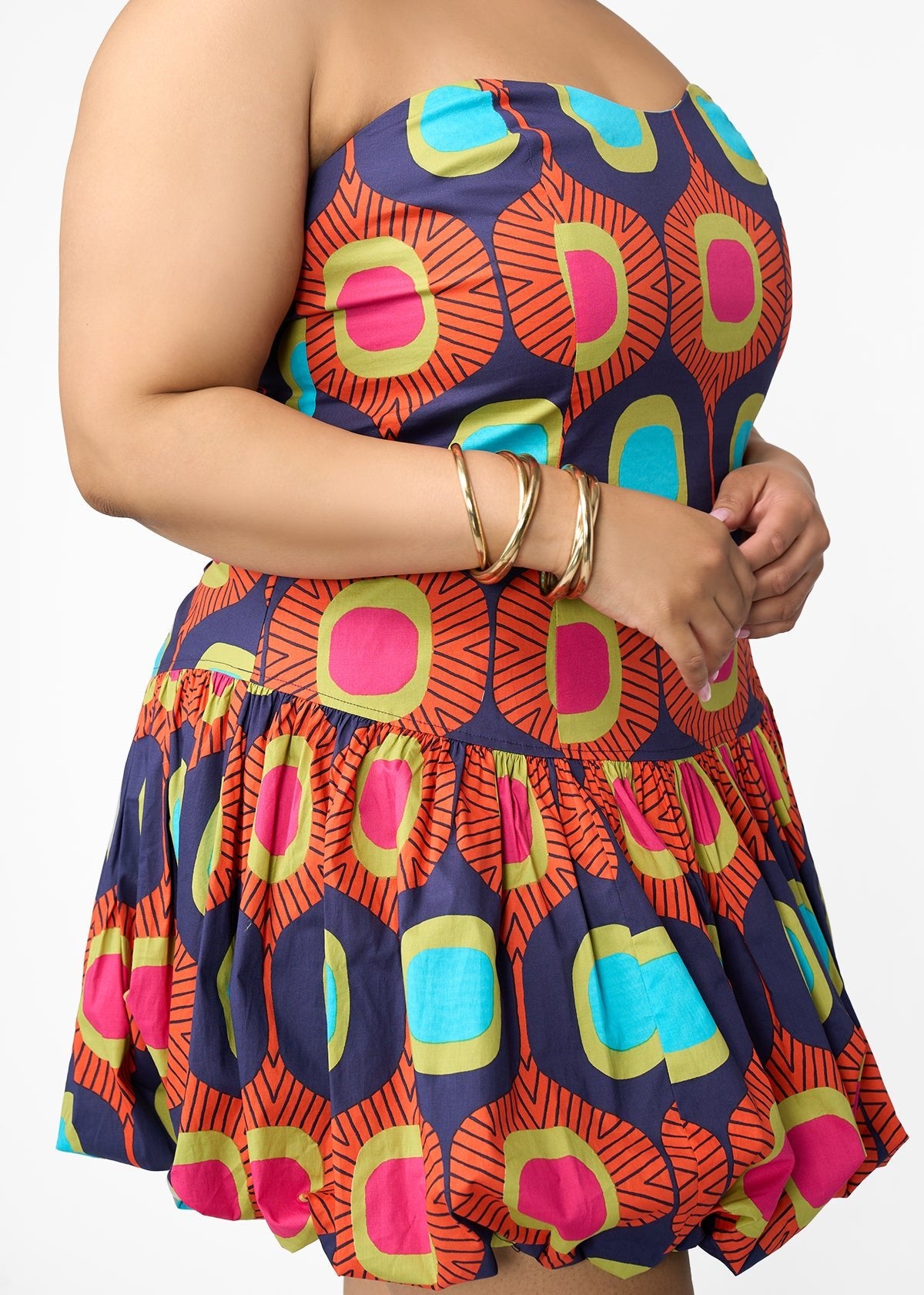 Sani Women's African Print Corset Bubble Hem Mini Dress (Orange Navy Mod) - Clearance - D'IYANU