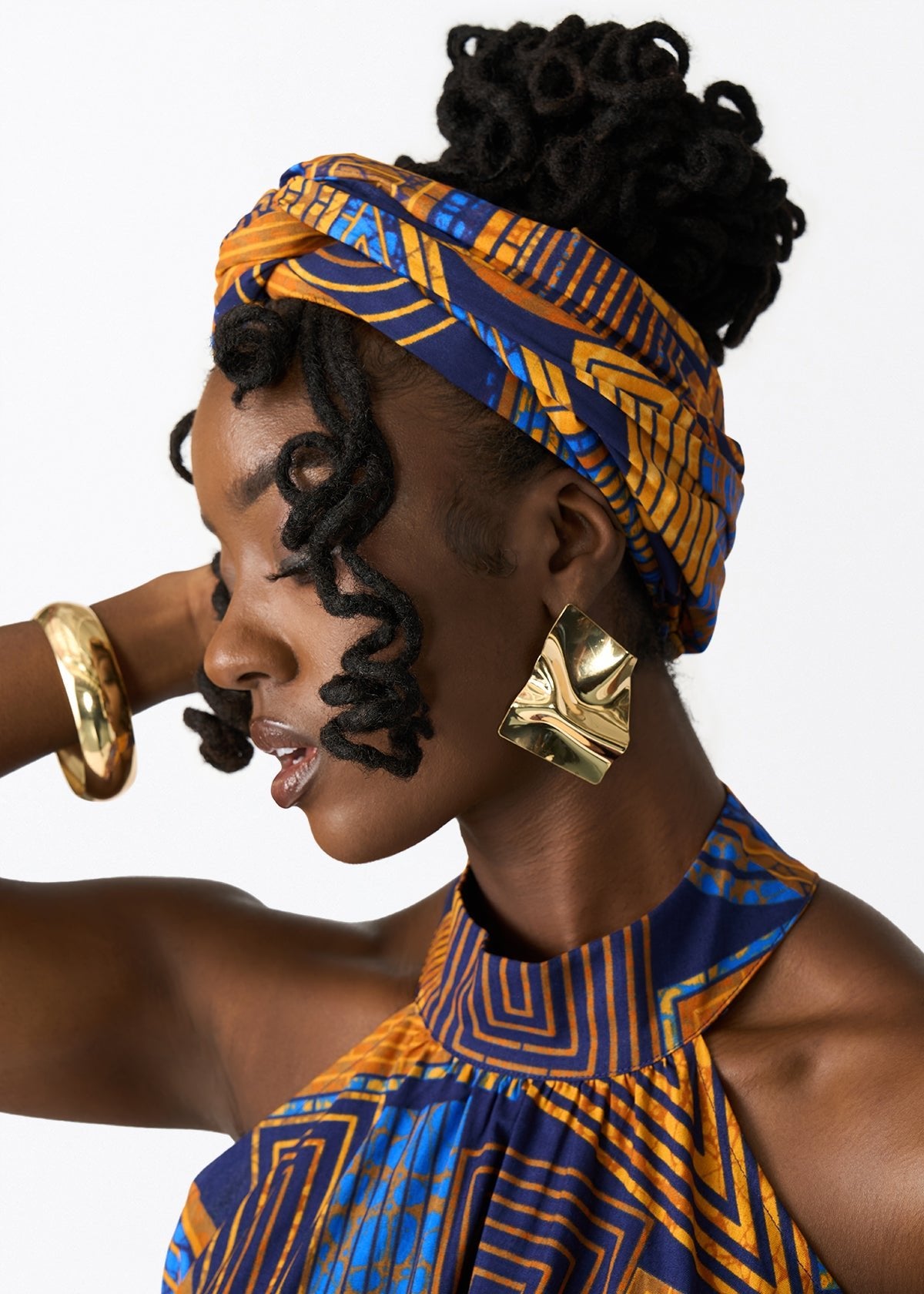 Women's African Print Head Wrap/Scarf (Royal Blue Geometric) - D'IYANU