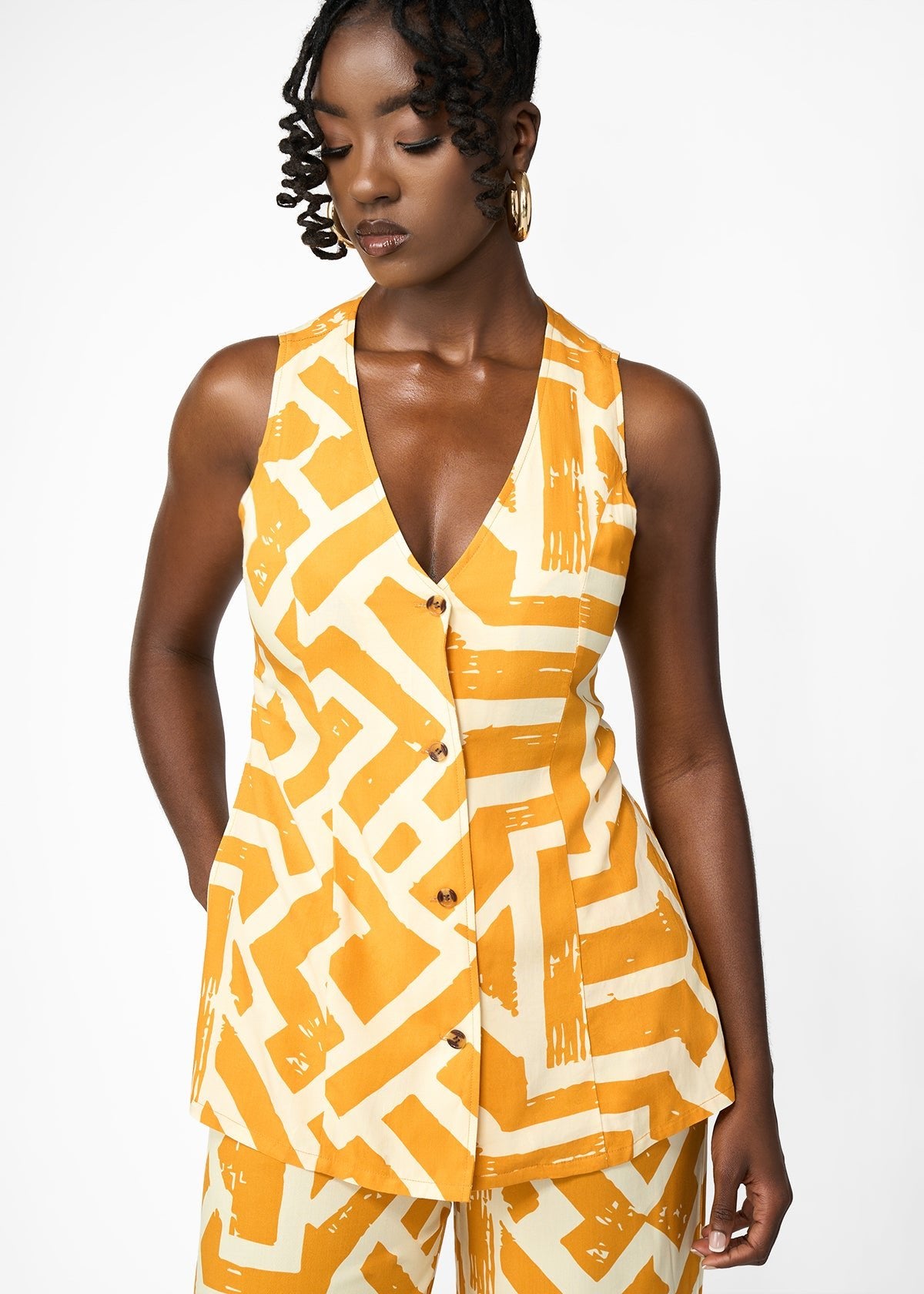 Sekaia Women's African Print Button-Up Vest (Gold Cream Tribal)