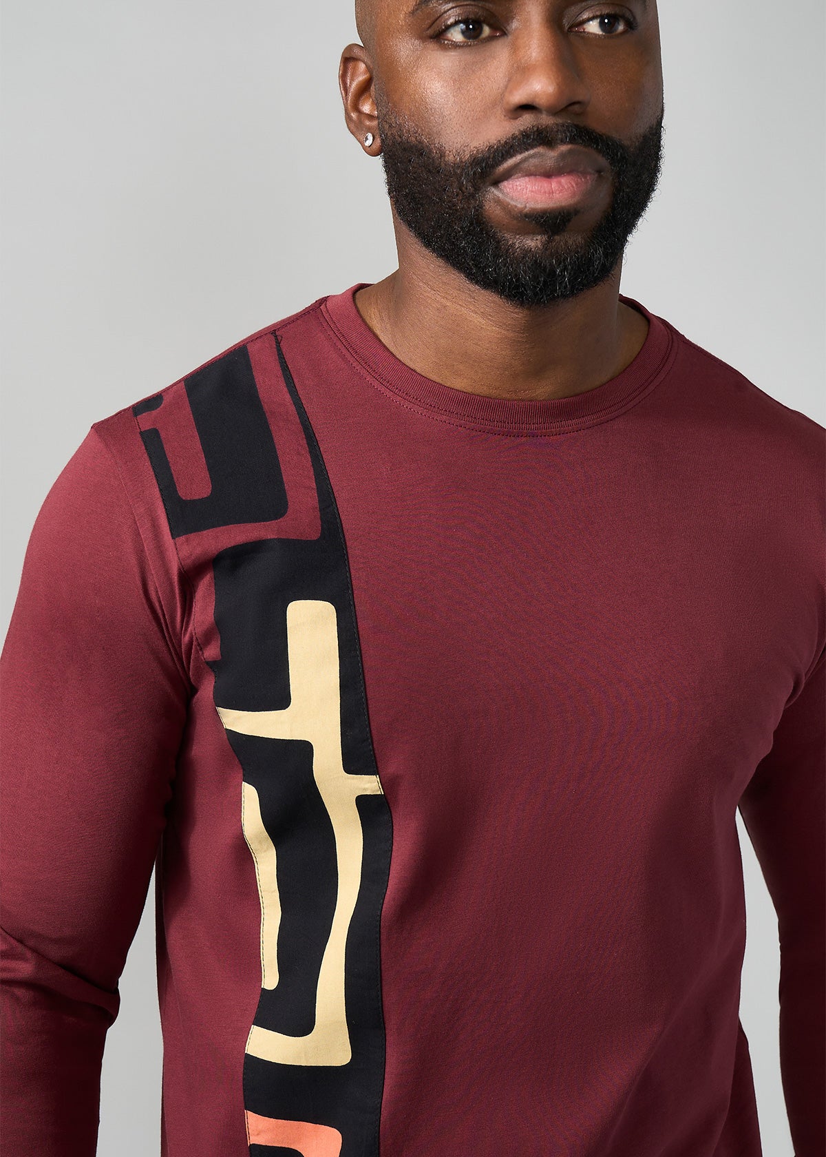 Simba Men's African Print Applique T-Shirt (Neutral Kuba Geometric) - D'IYANU