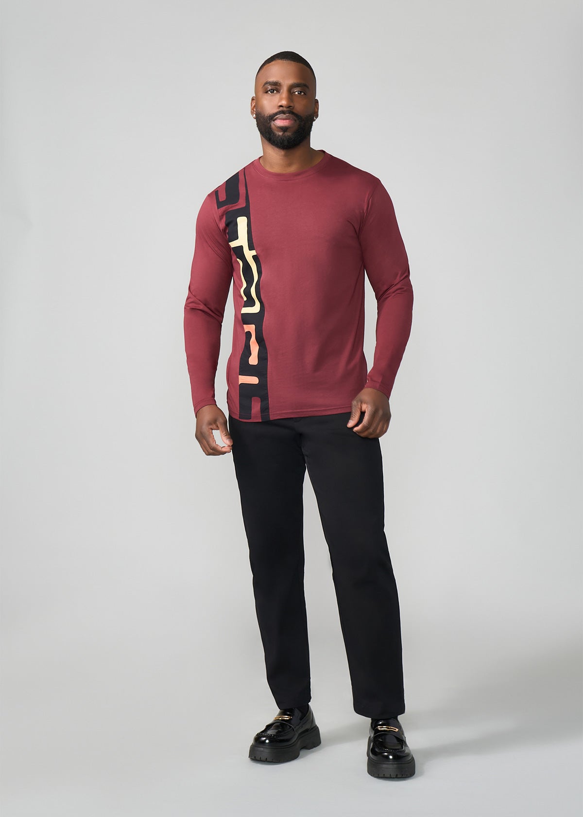 Simba Men's African Print Applique T-Shirt (Neutral Kuba Geometric) - D'IYANU