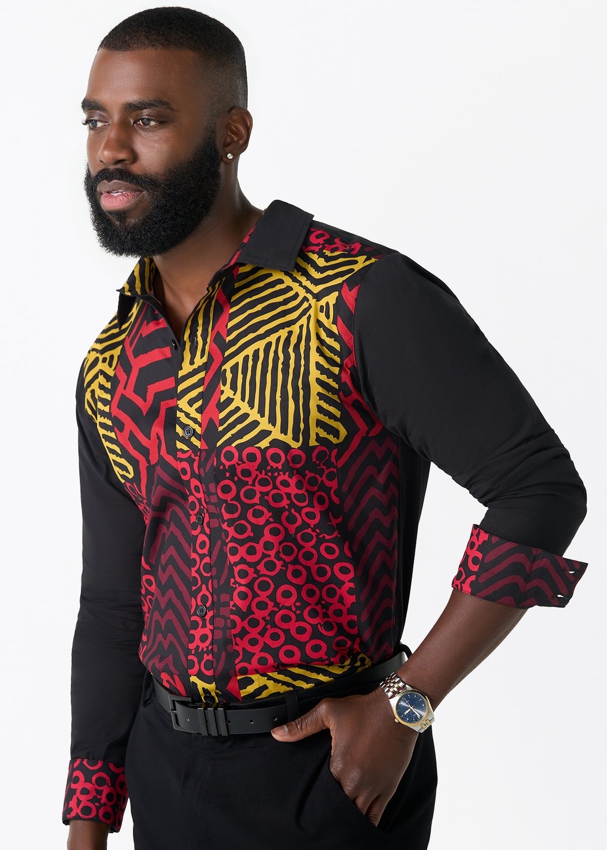 Sipho Men's African Print Button-up Shirt (Black Cherry Multipattern) - D'IYANU