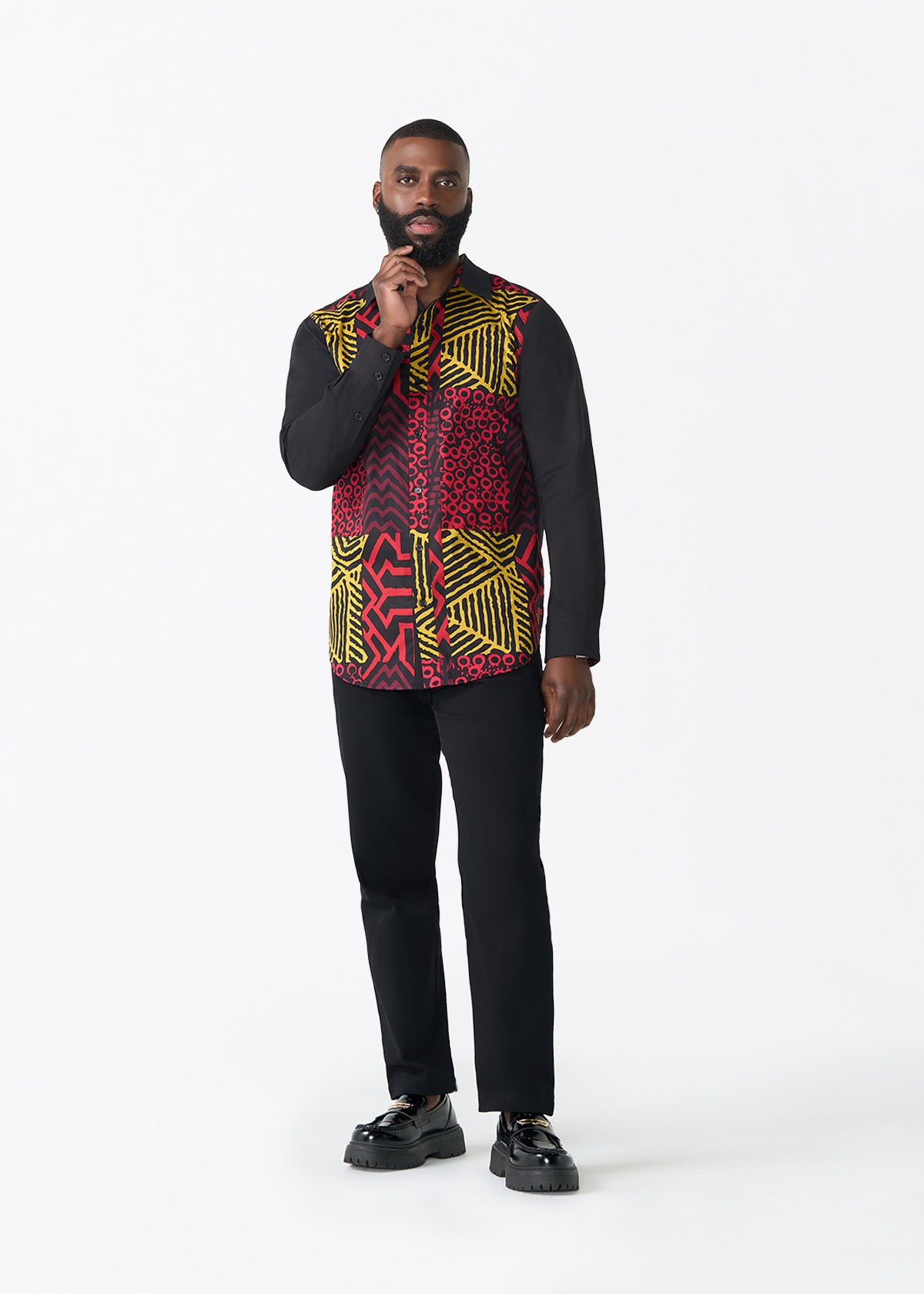 Sipho Men's African Print Button-up Shirt (Black Cherry Multipattern) - D'IYANU