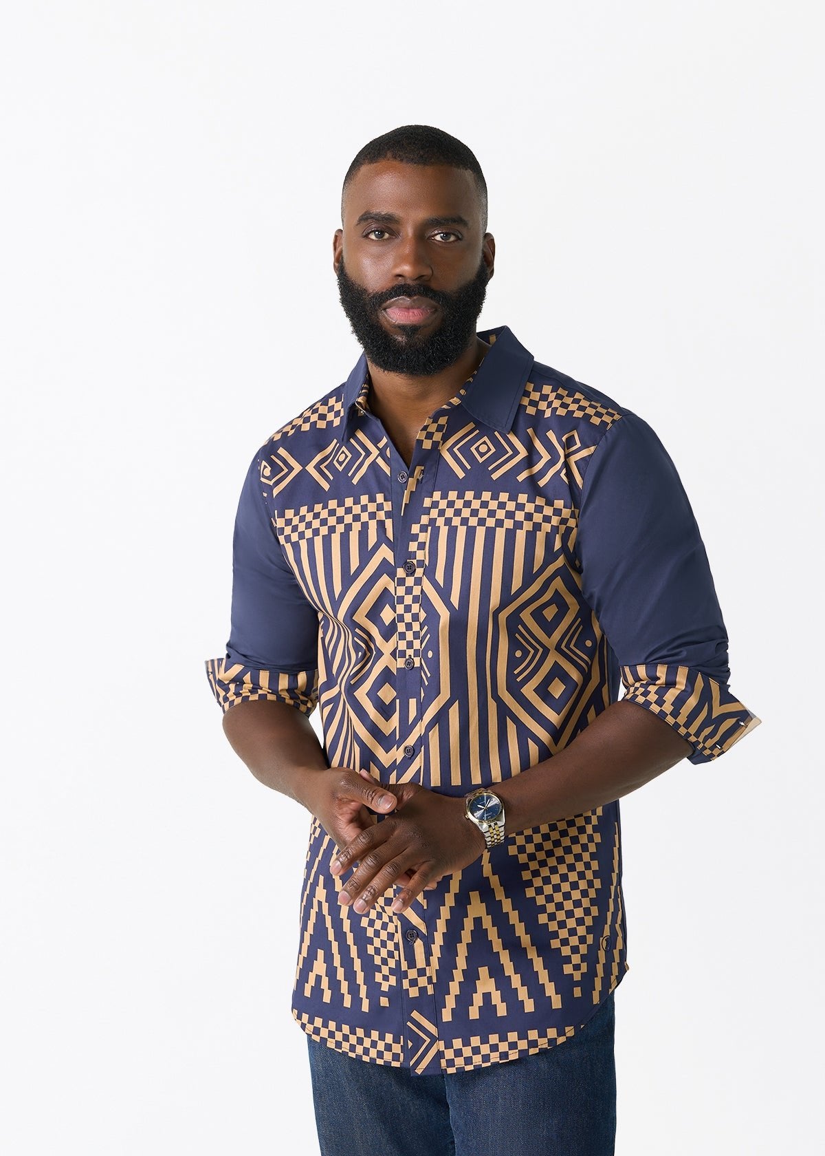 Sipho Men's African Print Button-up Shirt (Navy Tan Tribal) - D'IYANU