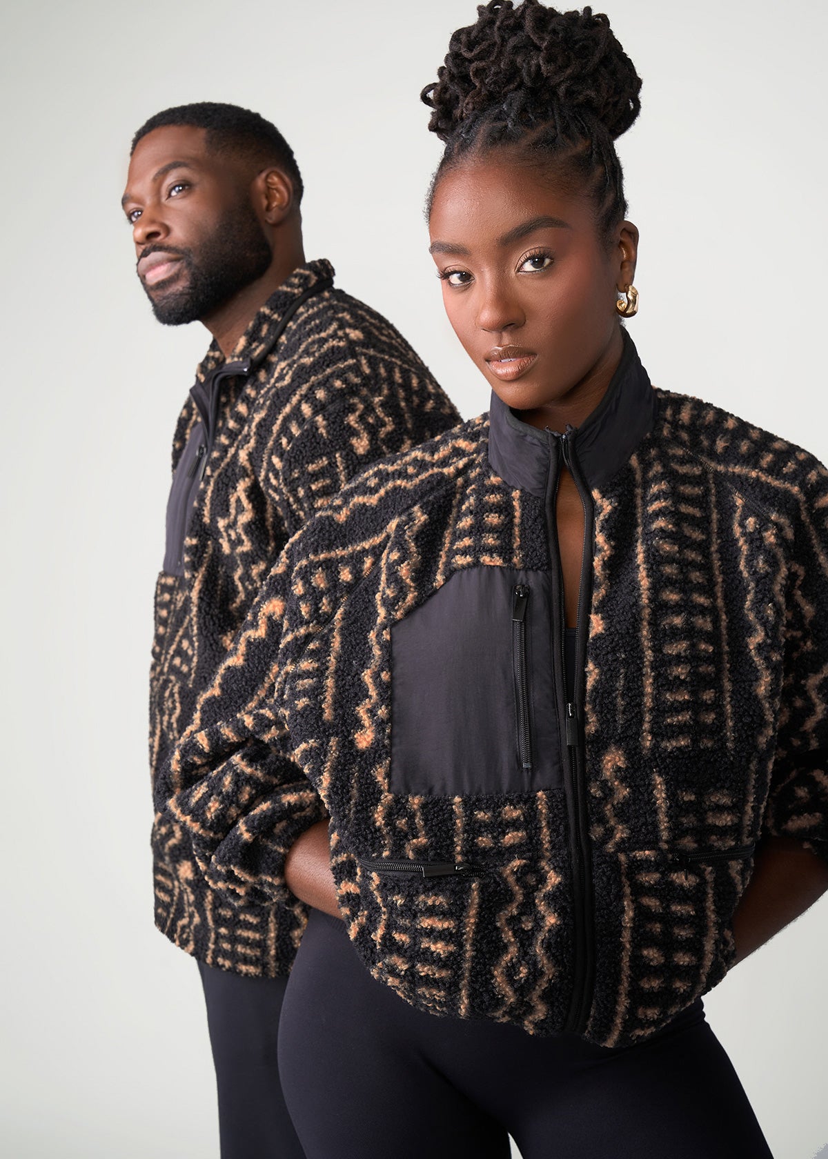 Sisi Women's African Print Teddy Fleece Jacket (Mocha Tribal Lines) - D'IYANU