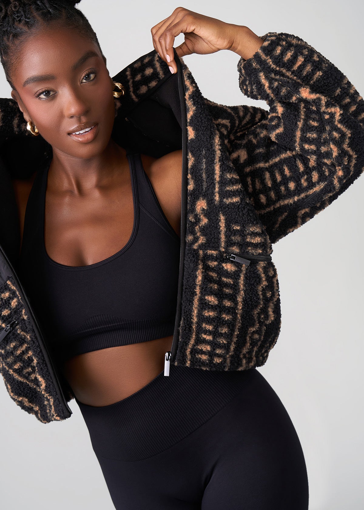 Sisi Women's African Print Teddy Fleece Jacket (Mocha Tribal Lines) - D'IYANU