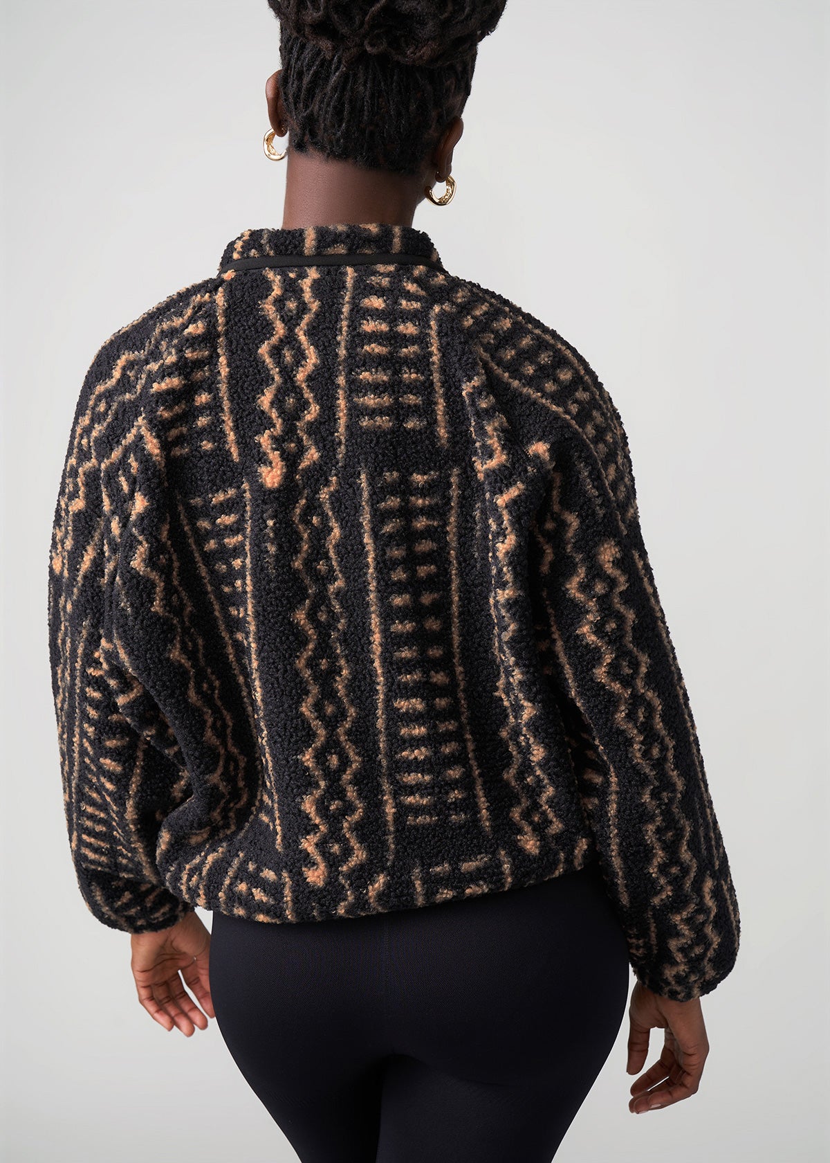 Sisi Women's African Print Teddy Fleece Jacket (Mocha Tribal Lines) - D'IYANU