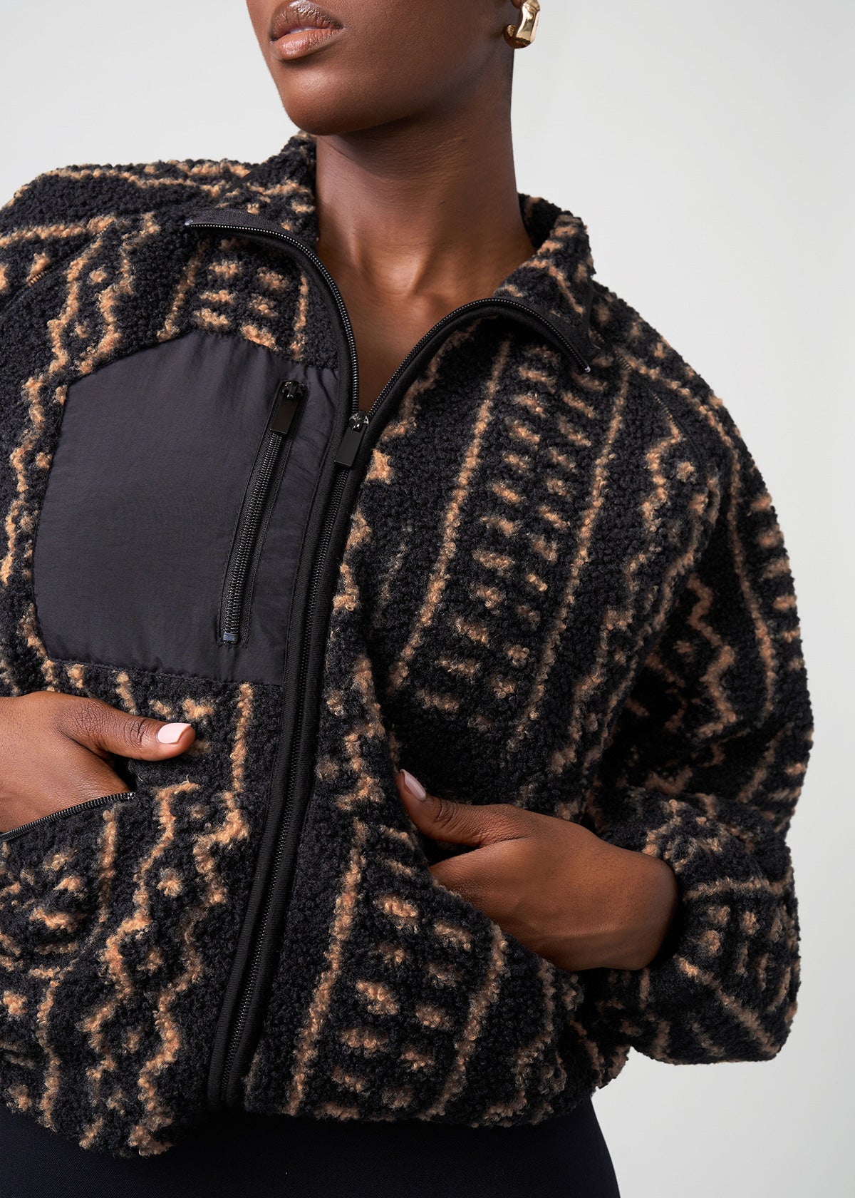 Sisi Women's African Print Teddy Fleece Jacket (Mocha Tribal Lines) - D'IYANU