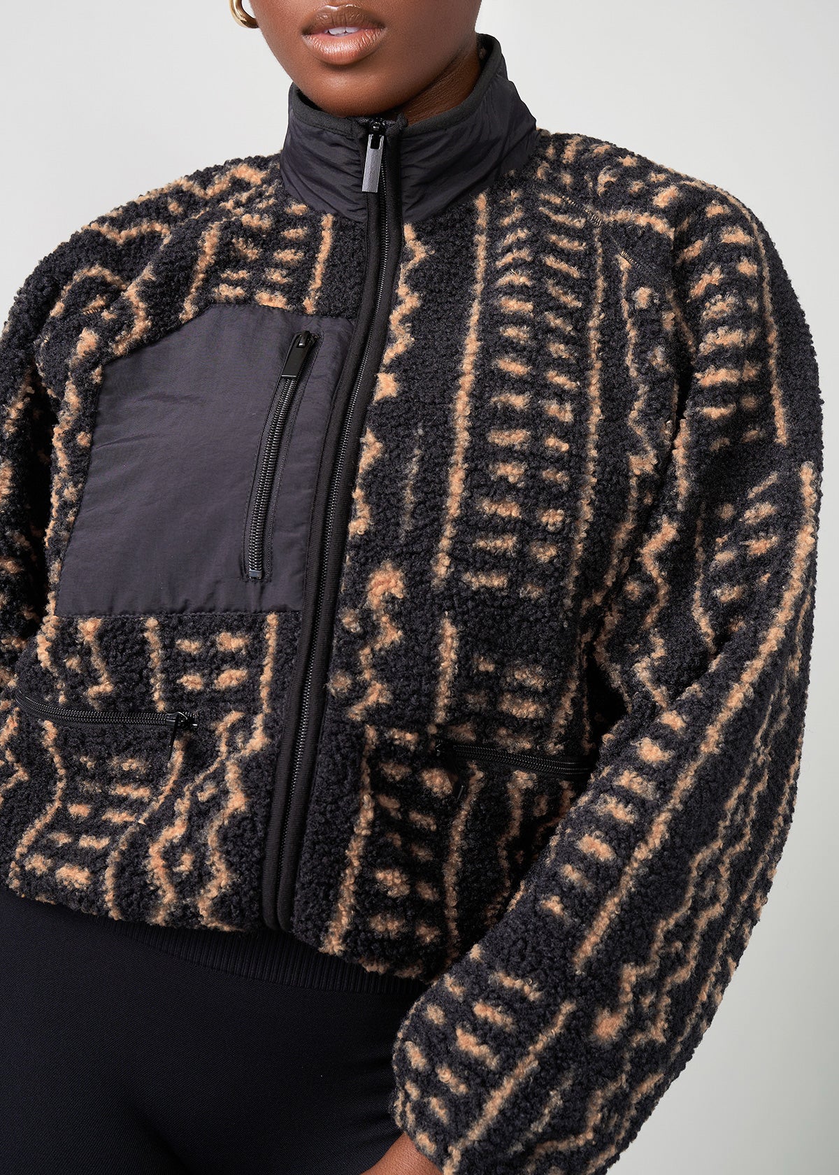 Sisi Women's African Print Teddy Fleece Jacket (Mocha Tribal Lines) - D'IYANU