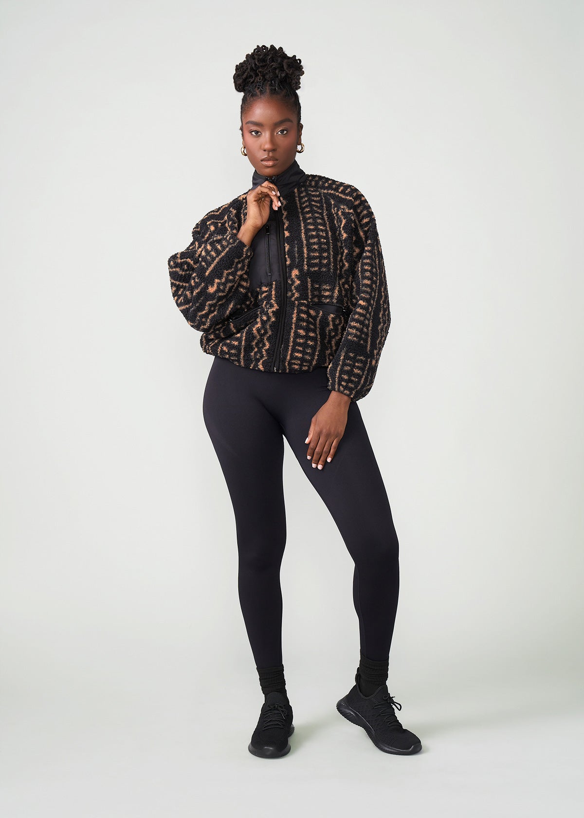 Sisi Women's African Print Teddy Fleece Jacket (Mocha Tribal Lines) - D'IYANU