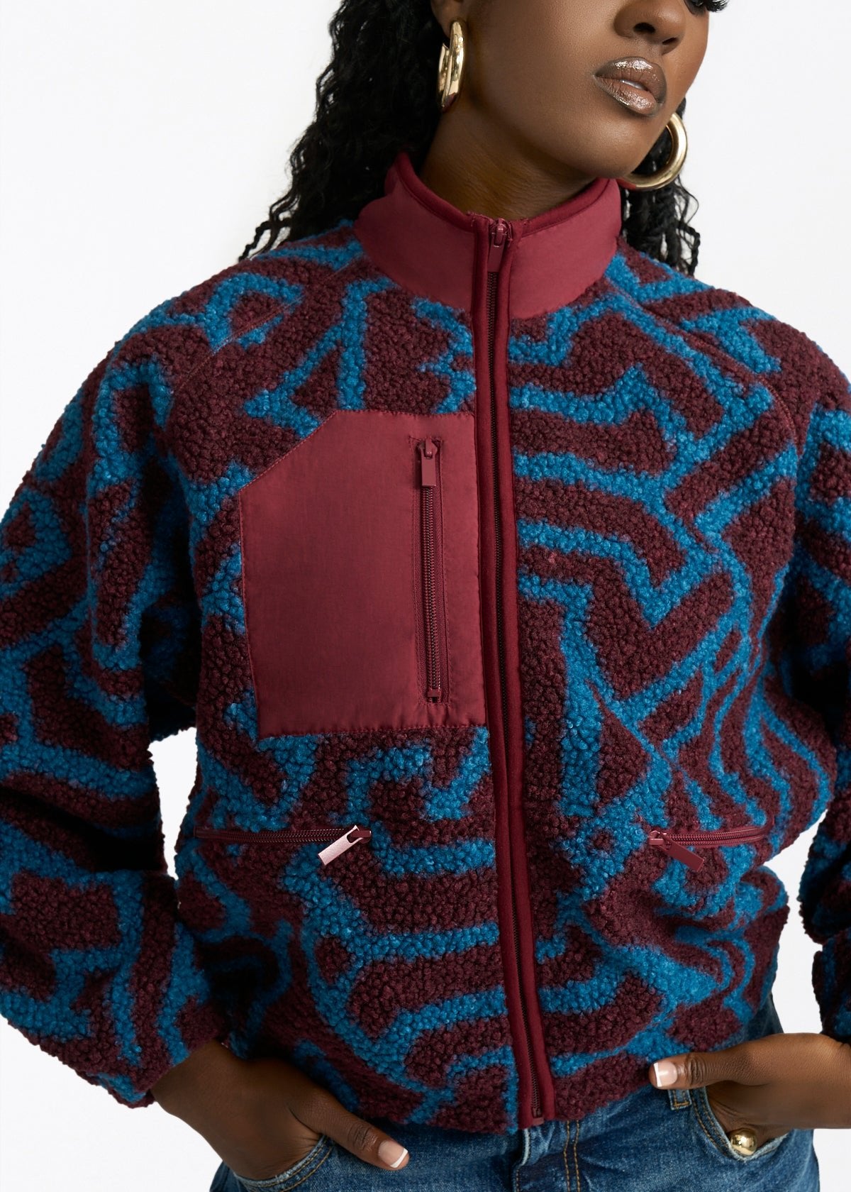 Sisi Women's African Print Teddy Fleece Jacket (Maroon Teal Tribal) - D'IYANU