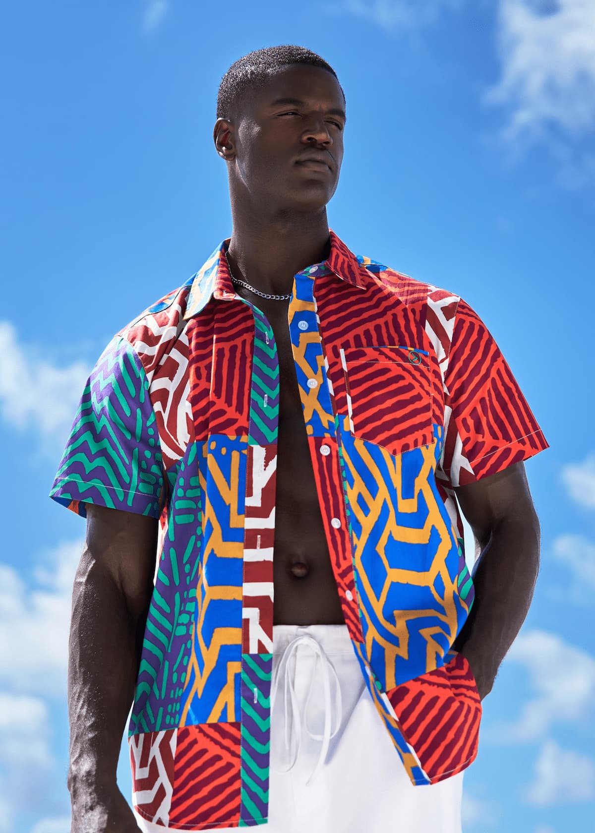 Tahir Men's African Print Button-Up shirt (Orange Blue Multipattern) - D'IYANU