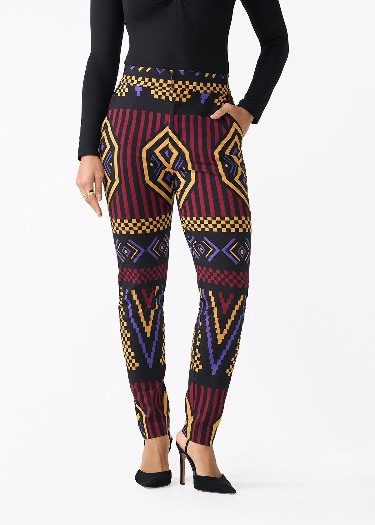 Talia Women's African Print Stretch Pants (Black Burgundy Tribal) - D'IYANU
