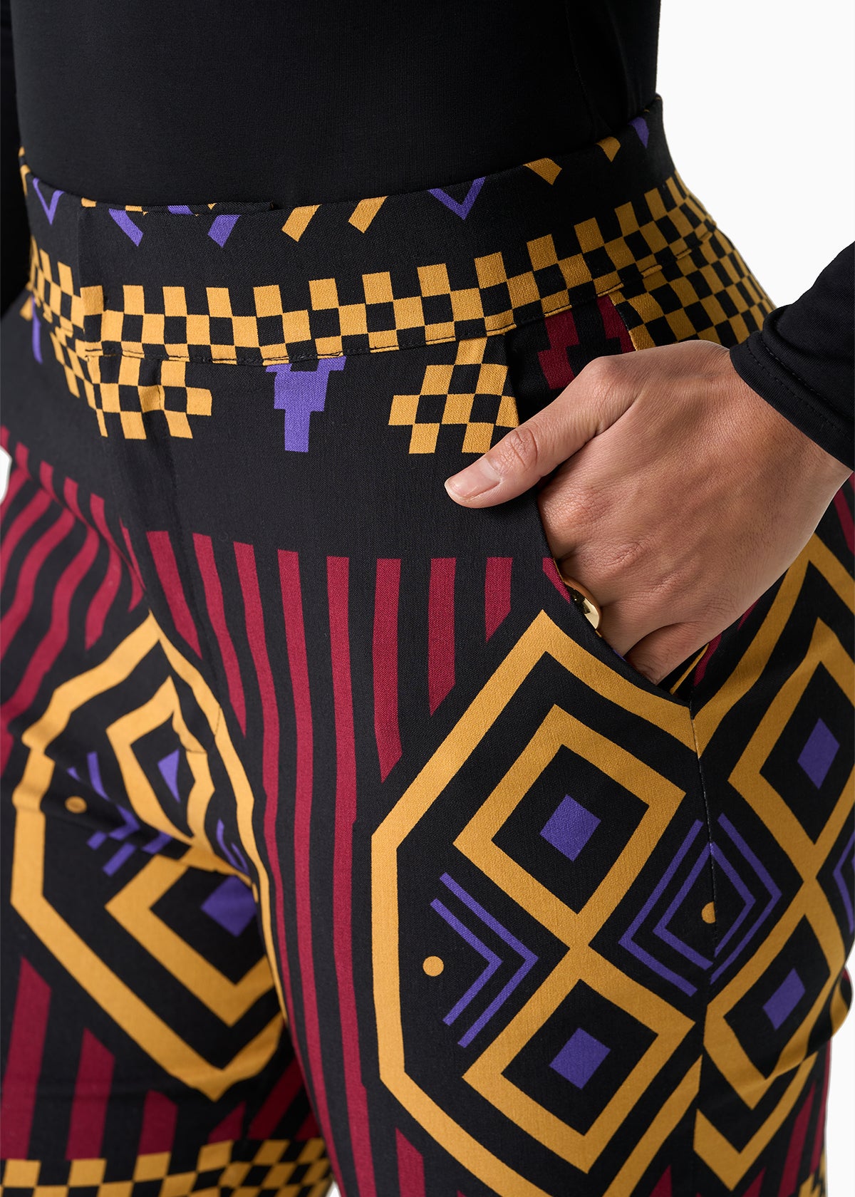 Talia Women's African Print Stretch Pants (Black Burgundy Tribal) - D'IYANU