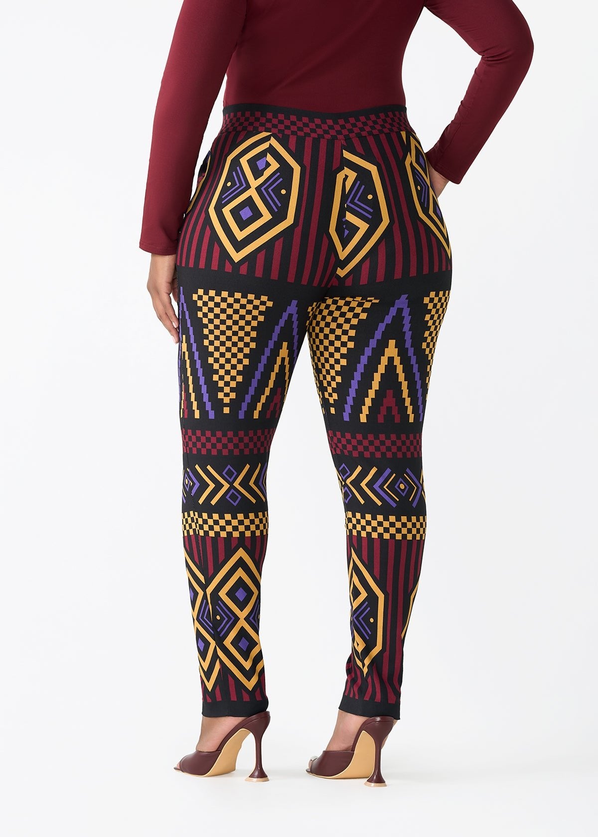 Talia Women's African Print Stretch Pants (Black Burgundy Tribal) - D'IYANU