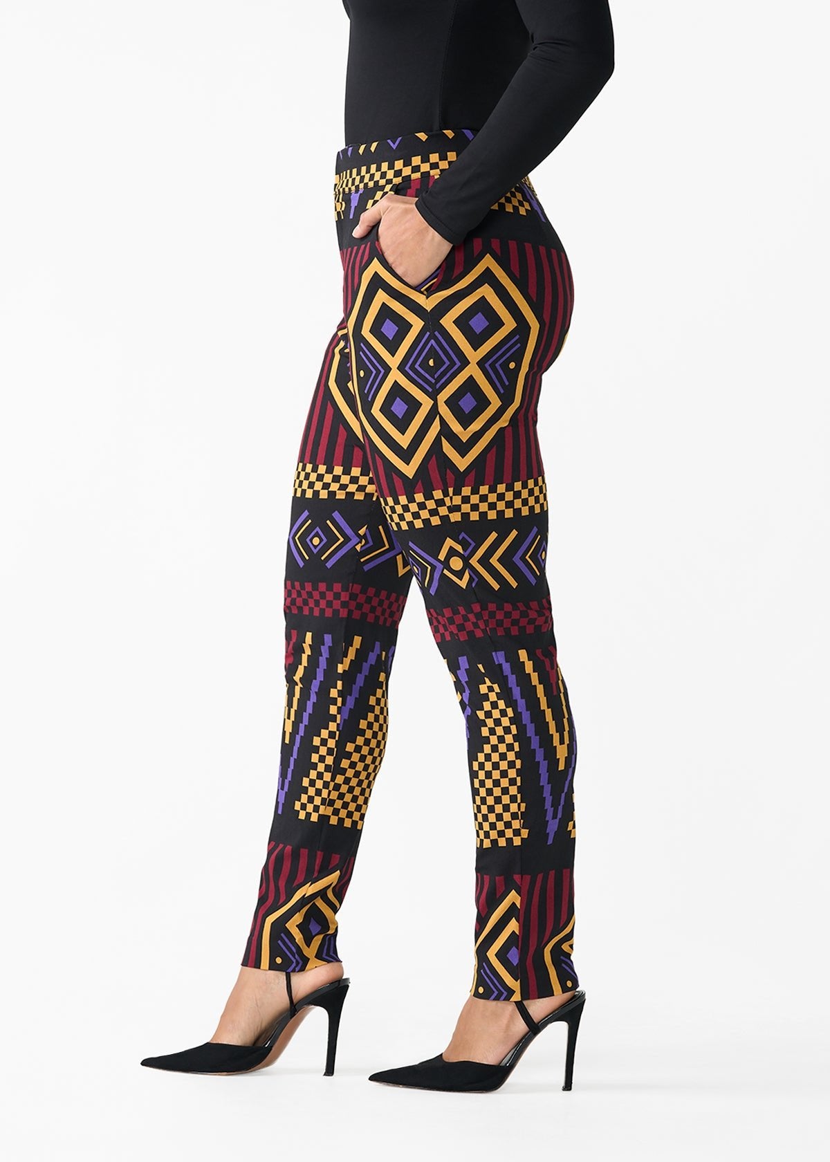 Talia Women's African Print Stretch Pants (Black Burgundy Tribal) - D'IYANU