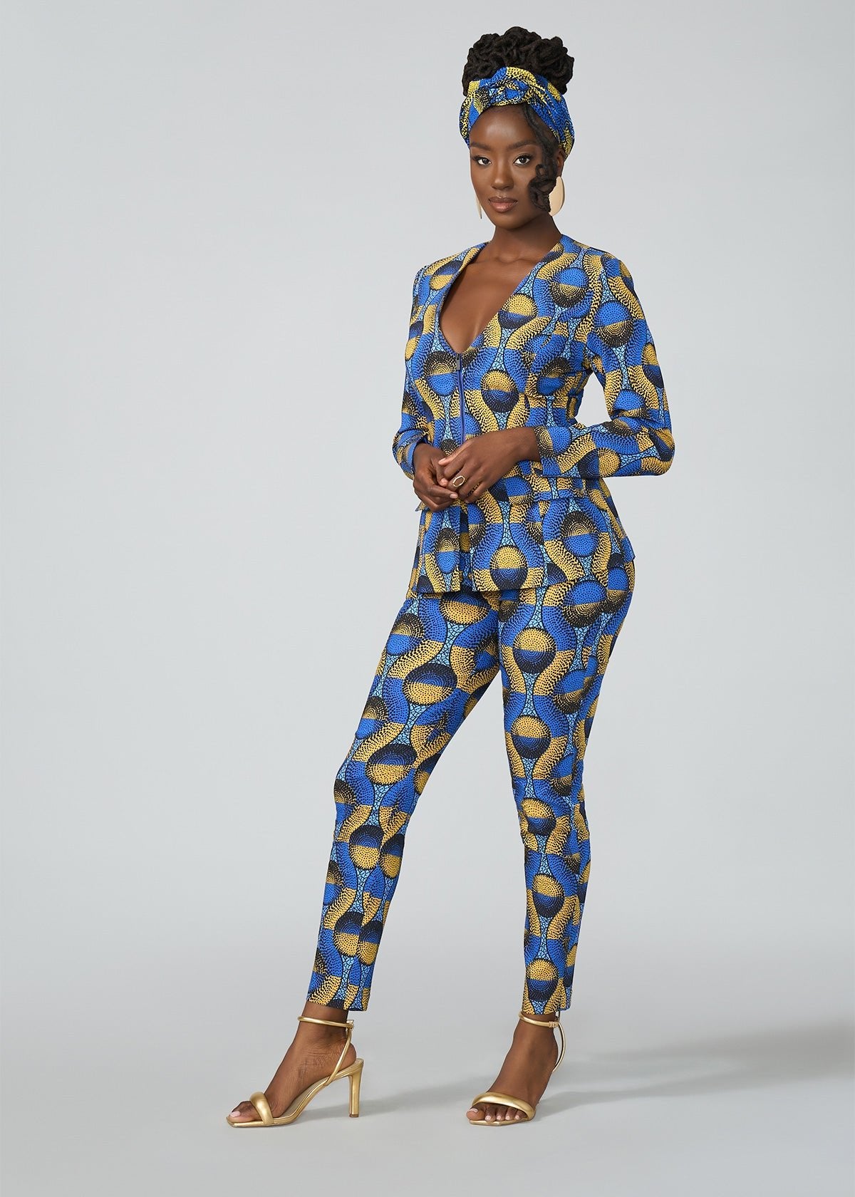 Fafa Women's African Print Stretch Zip-Up Blazer (Blue Gold Circles) - D'IYANU