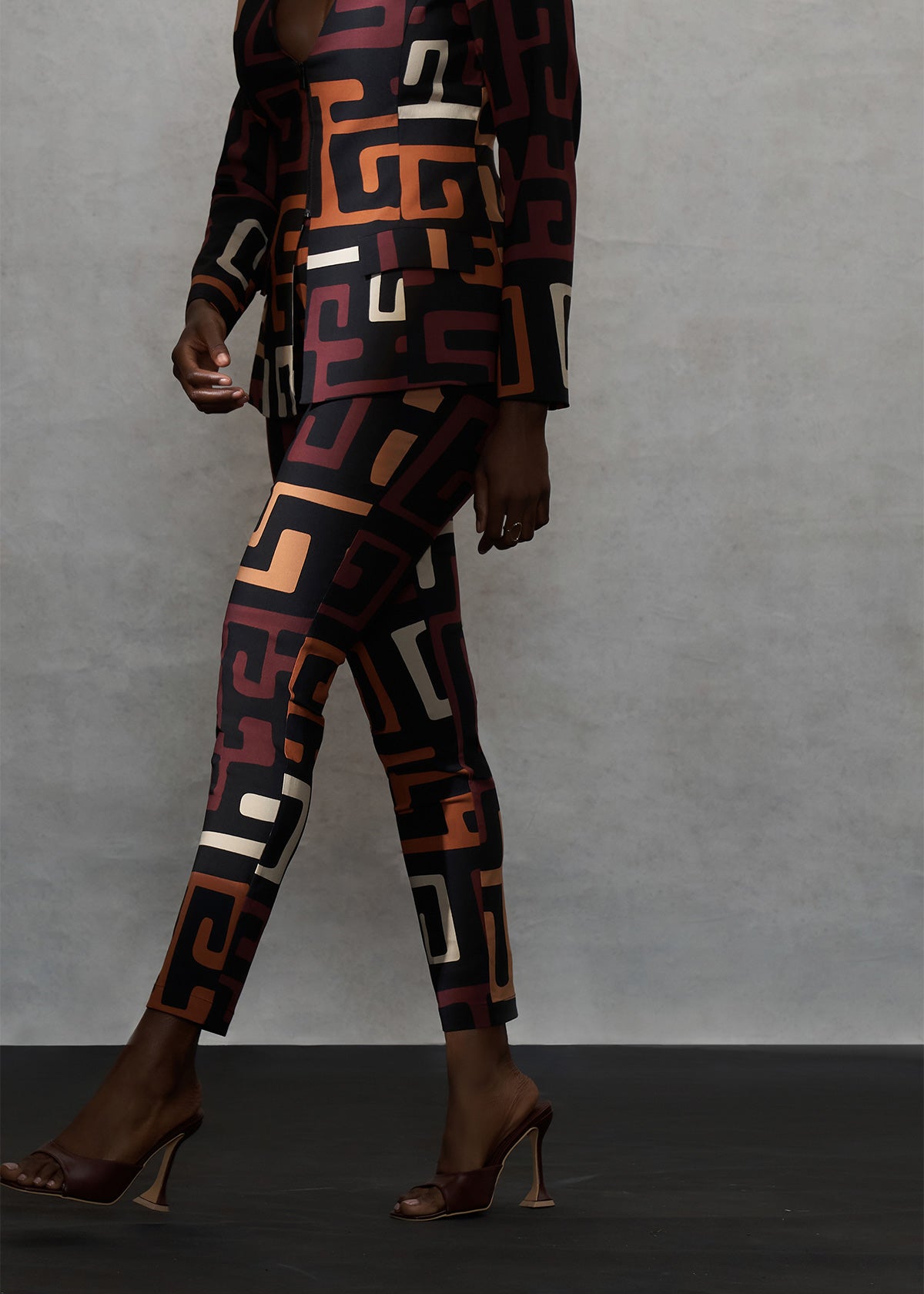 Talia Women's African Print Stretch Pants (Neutral Kuba Geometric) - D'IYANU