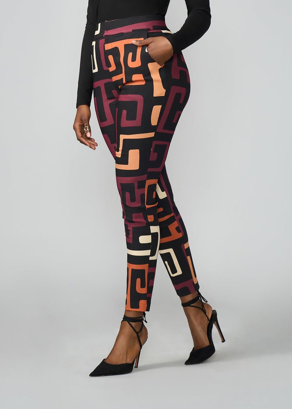 Talia Women's African Print Stretch Pants (Neutral Kuba Geometric) - D'IYANU