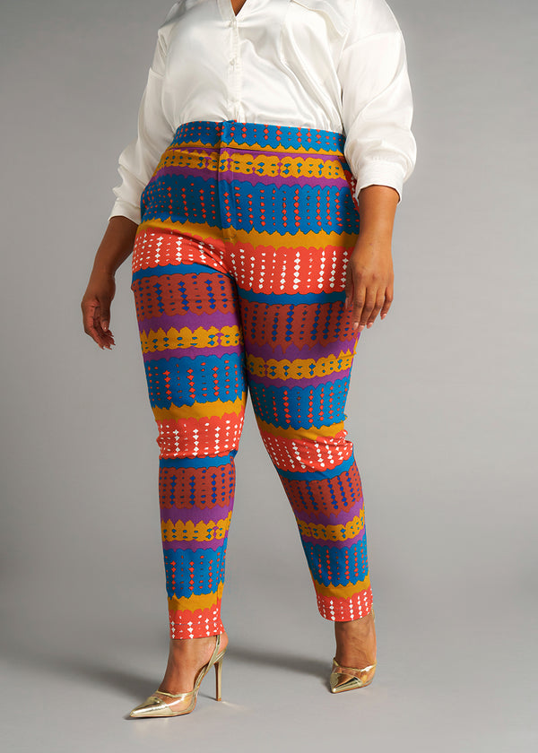 Talia Women's African Print Stretch Pants (Orange Teal Adire)