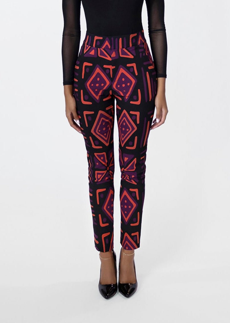Talia Womens African Print Stretch Pants (Black Peach Tribal) - D'IYANU