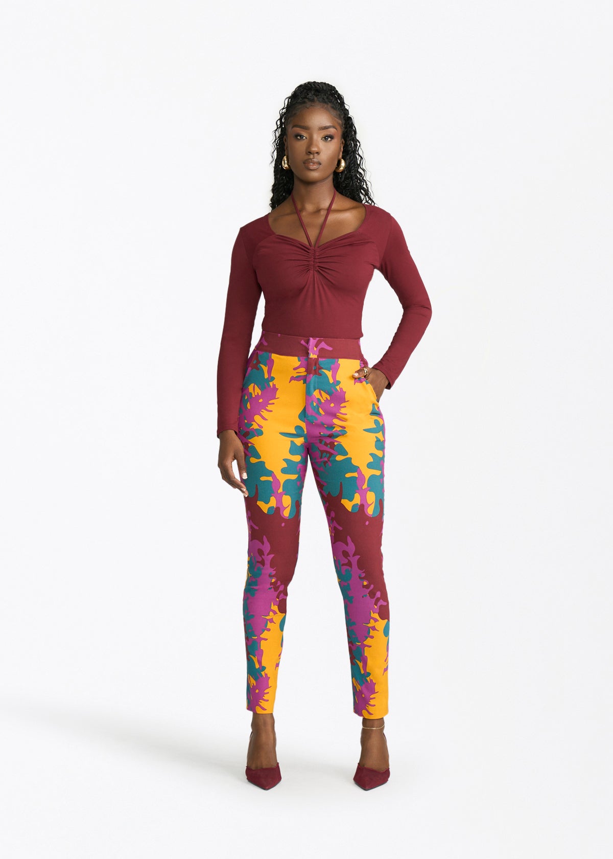 Talia Womens African Print Stretch Pants (Purple Gold Abstract) - D'IYANU