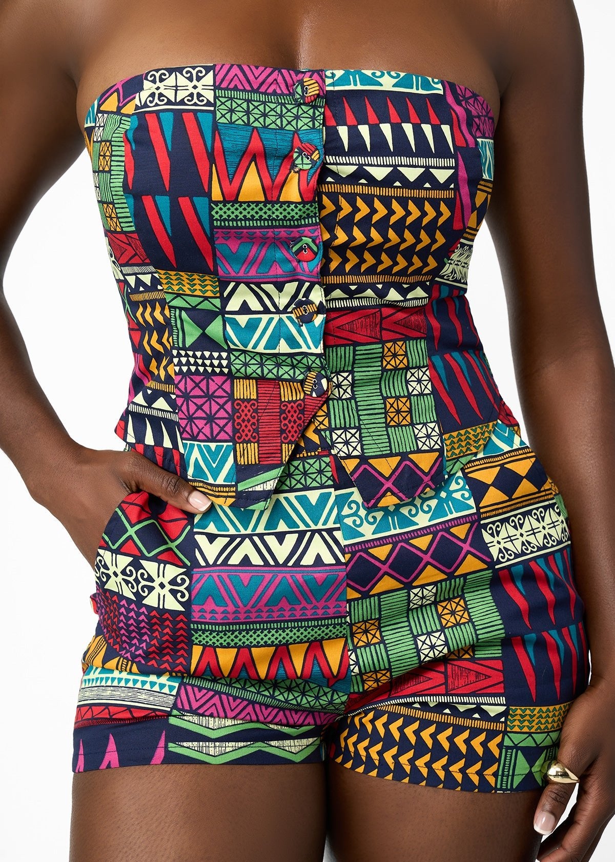 Tanina Women's African Print Button-Up Bandeau Top (Green Navy Kente)