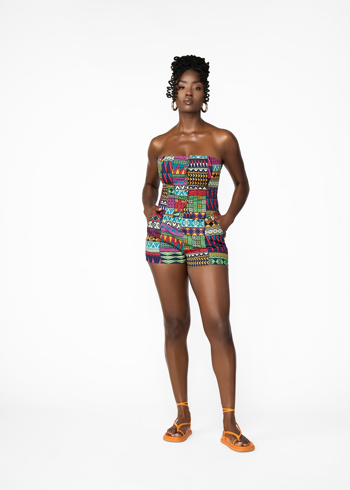 Rakiya Women's African Print High-Waisted Shorts (Green Navy Kente) - D'IYANU