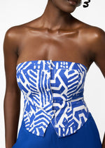 Tanina Women's African Print Button-Up Bandeau Top (White Cobalt Tribal) - D'IYANU