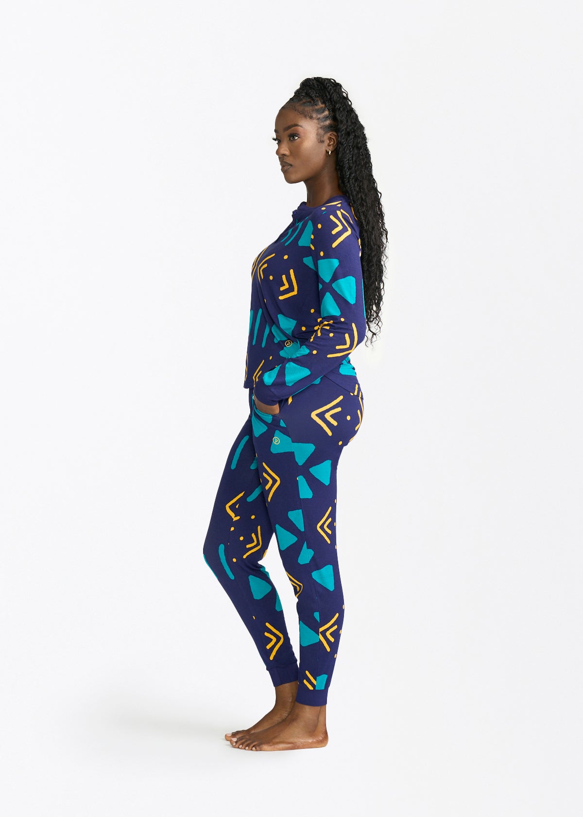 Tella Women's African Print Pajama Set (Navy Gold Mudcloth) - D'IYANU