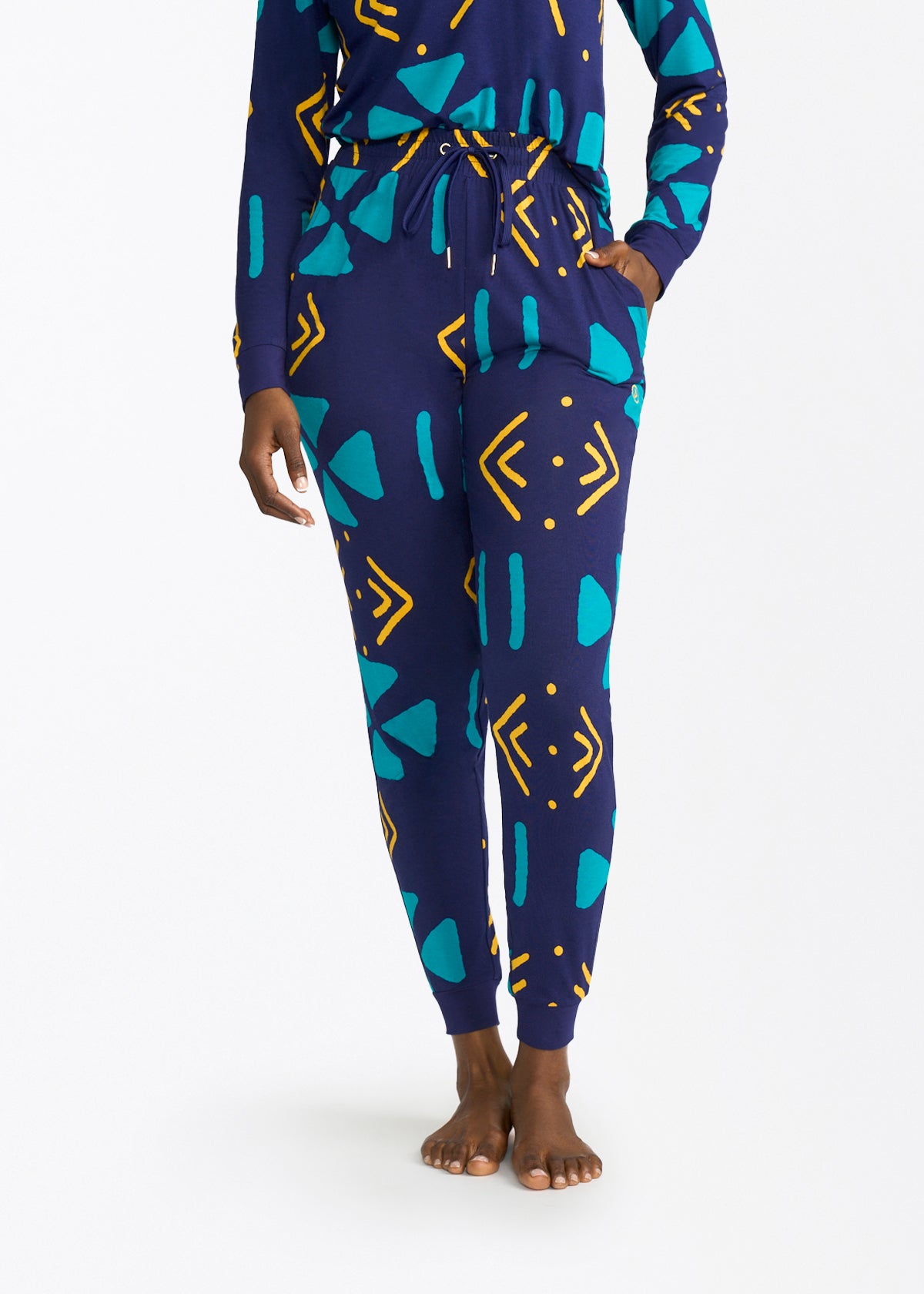 Tella Women's African Print Pajama Set (Navy Gold Mudcloth) - D'IYANU