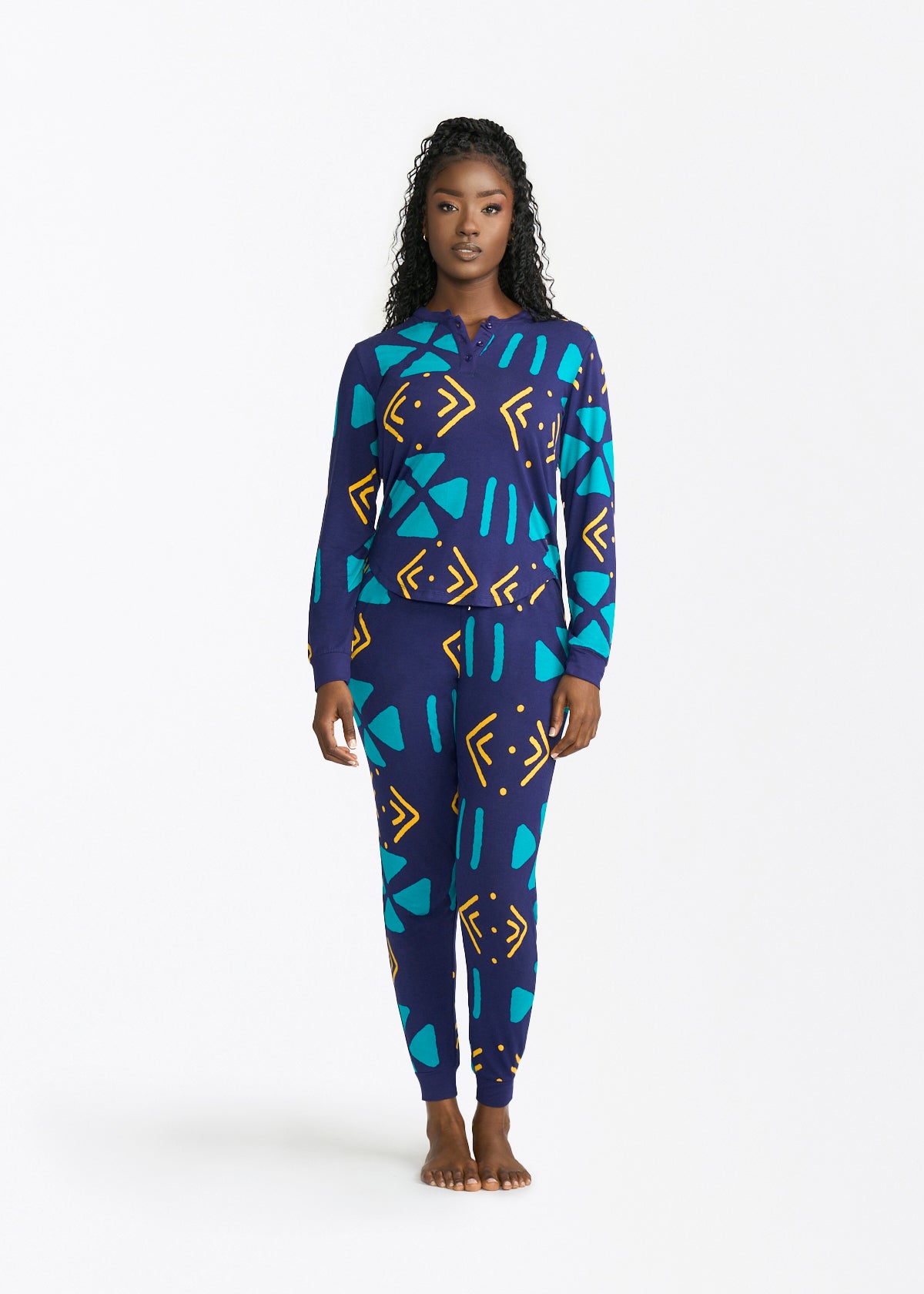 Tella Women's African Print Pajama Set (Navy Gold Mudcloth) - D'IYANU