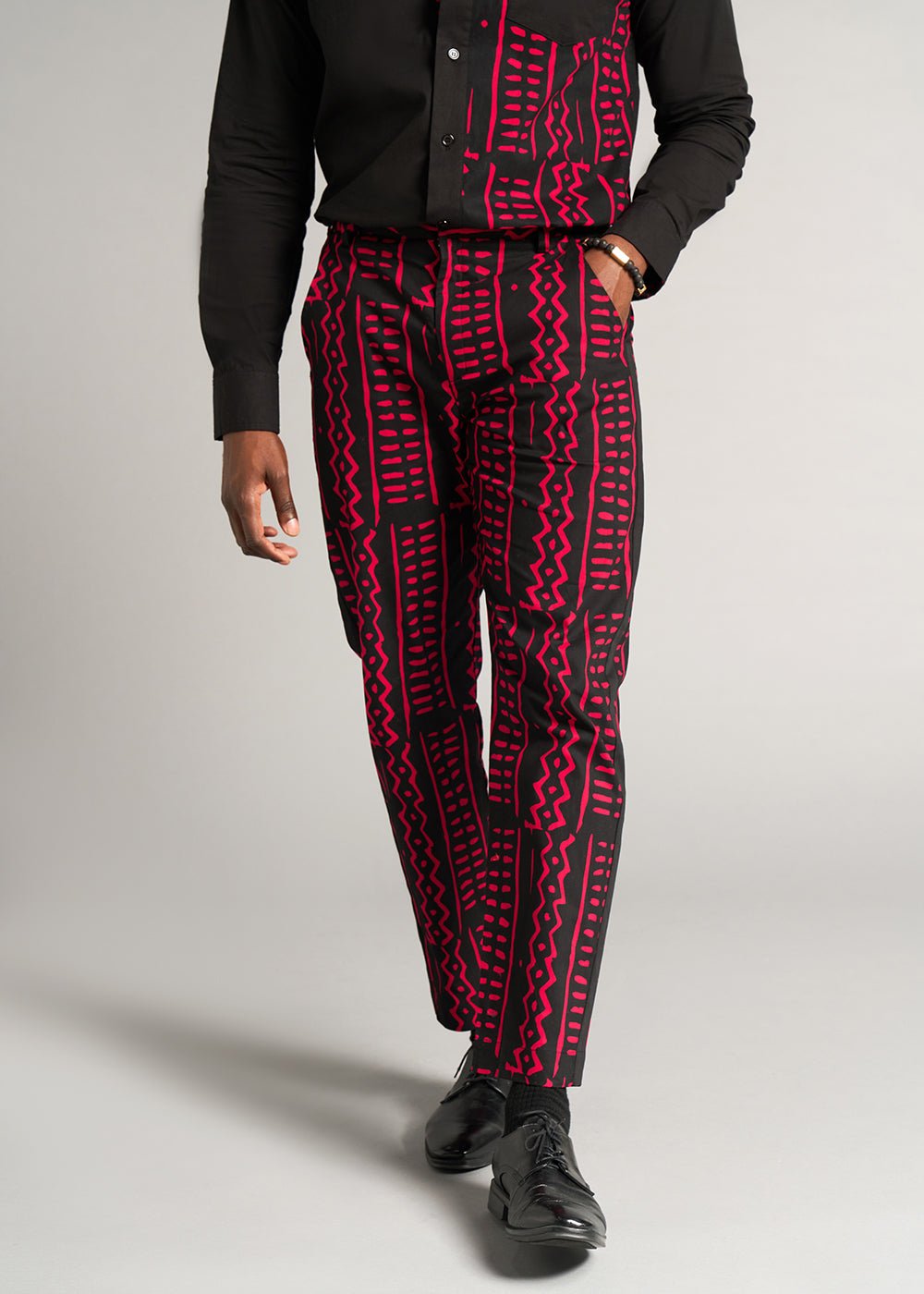 Tendai Men's African Print Trousers (Black Magenta Tribal) - Clearance Pink 40 - D'IYANU