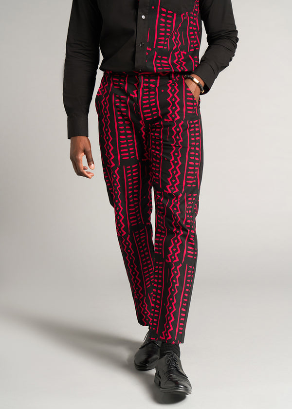 Tendai Men's African Print Trousers (Black Magenta Tribal)