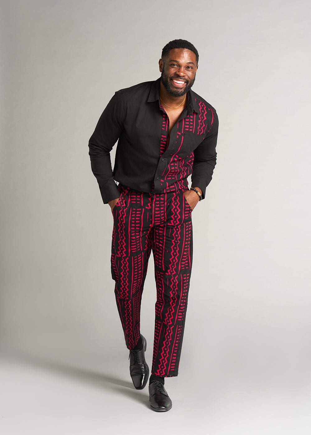 Tendai Men's African Print Trousers (Black Magenta Tribal) - Clearance - D'IYANU